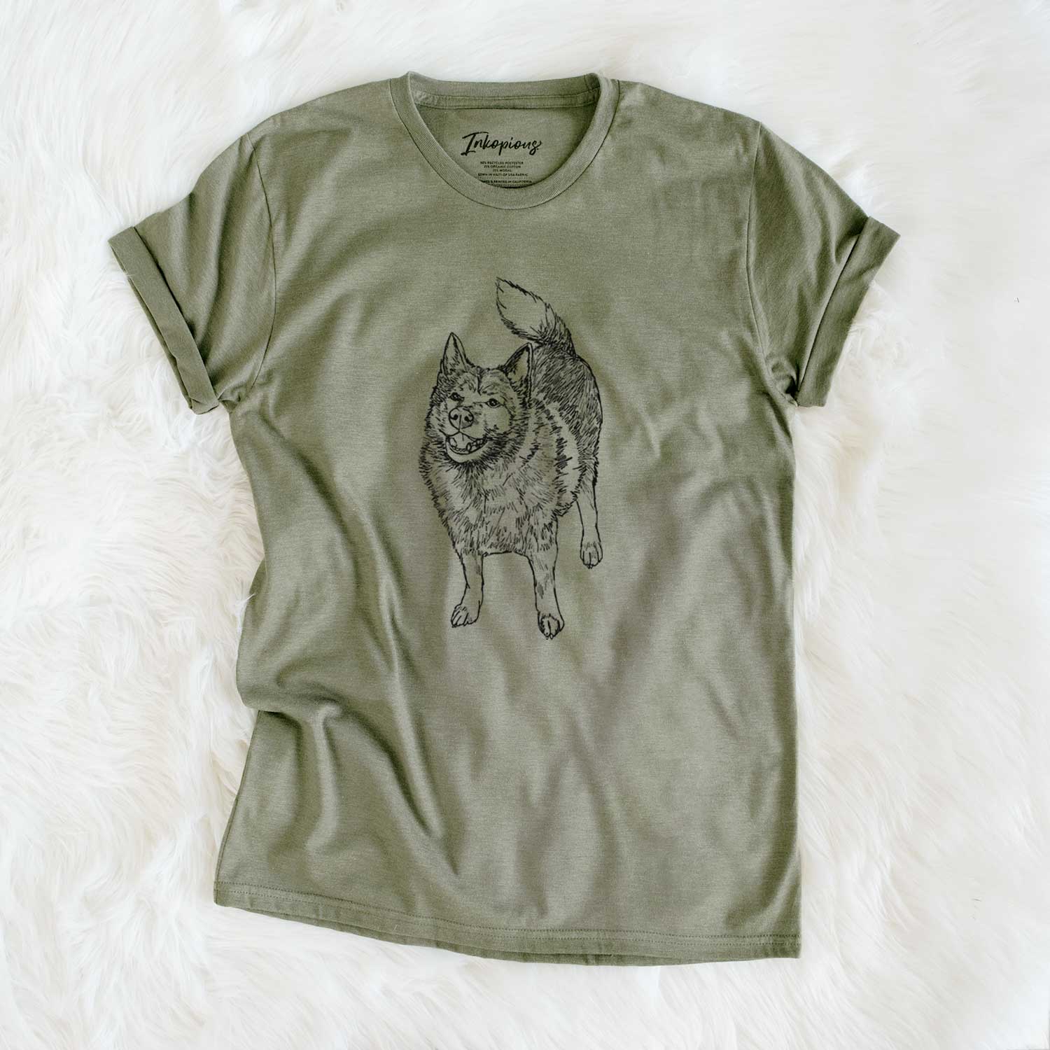 Full-body line drawing of Oban Bear the Norwegian Elkhound on an Olive Unisex crewneck
