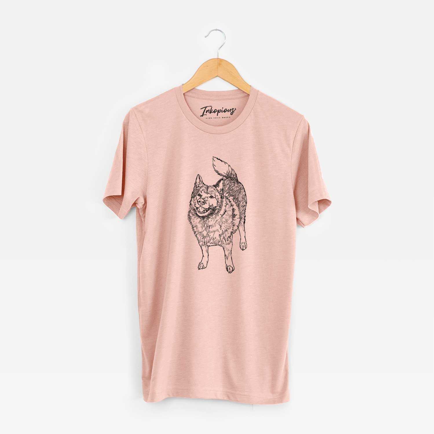 Full-body line drawing of Oban Bear the Norwegian Elkhound on a Peach Unisex crewneck