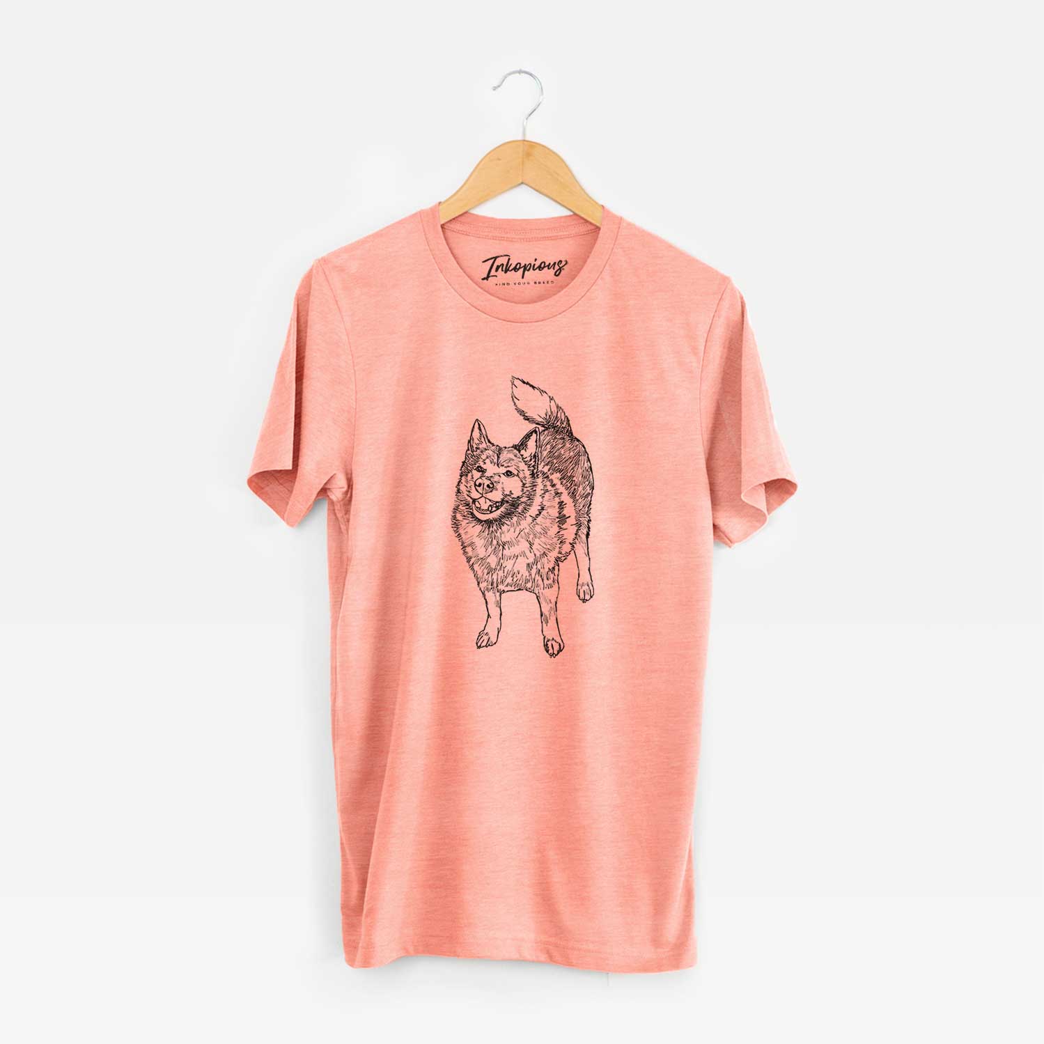 Full-body line drawing of Oban Bear the Norwegian Elkhound on a Sunset Unisex crewneck