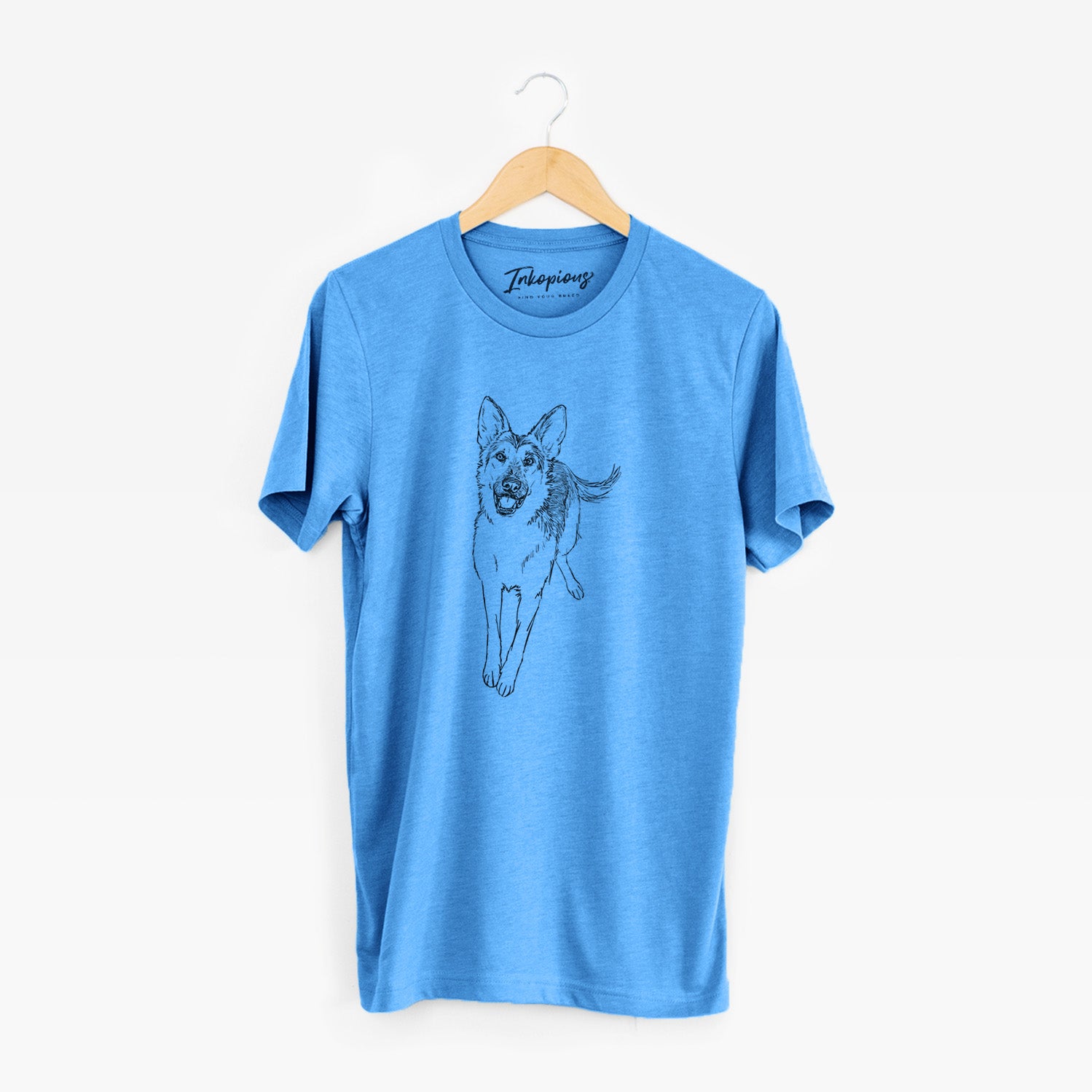 Full-body line drawing of Odie the German Shepherd on a Blue Unisex crewneck