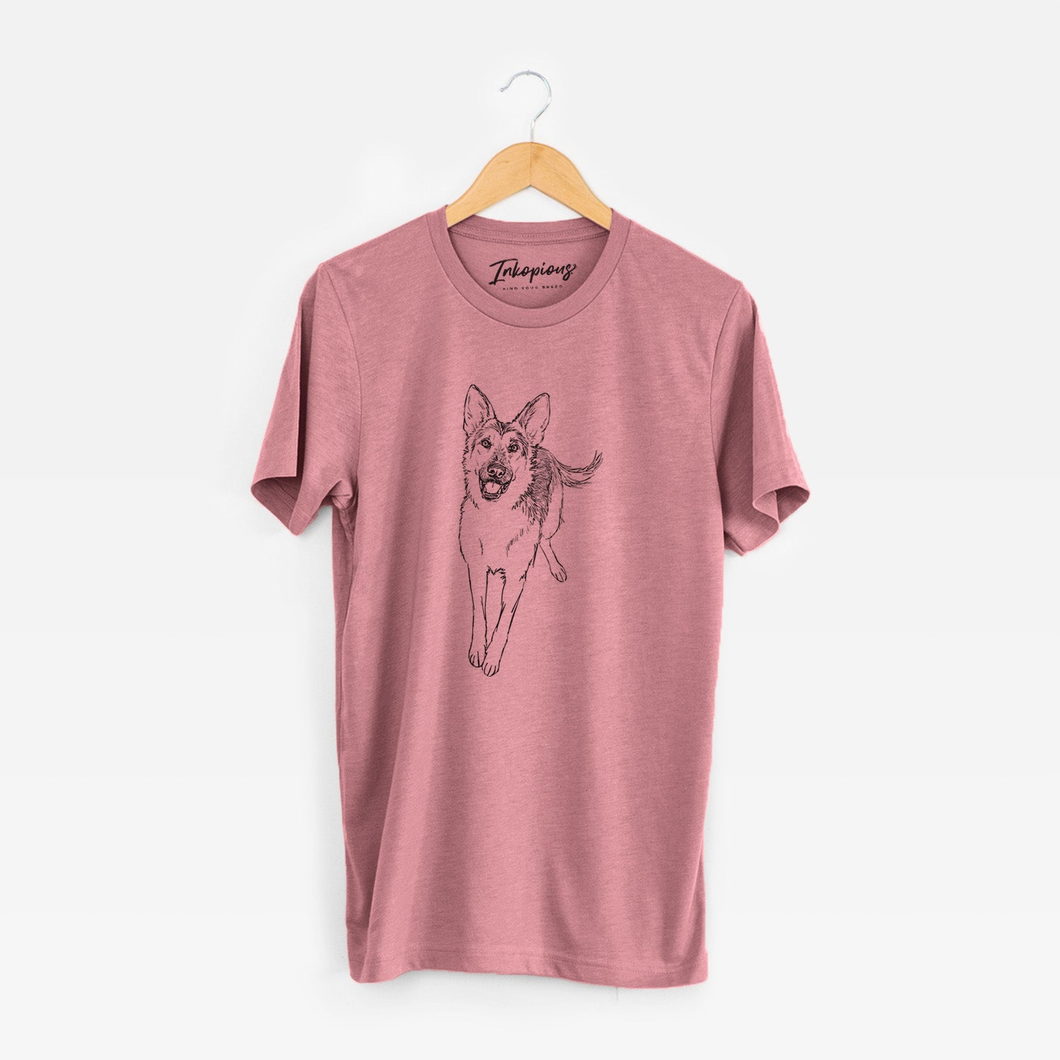 Full-body line drawing of Odie the German Shepherd on a Mauve Unisex crewneck