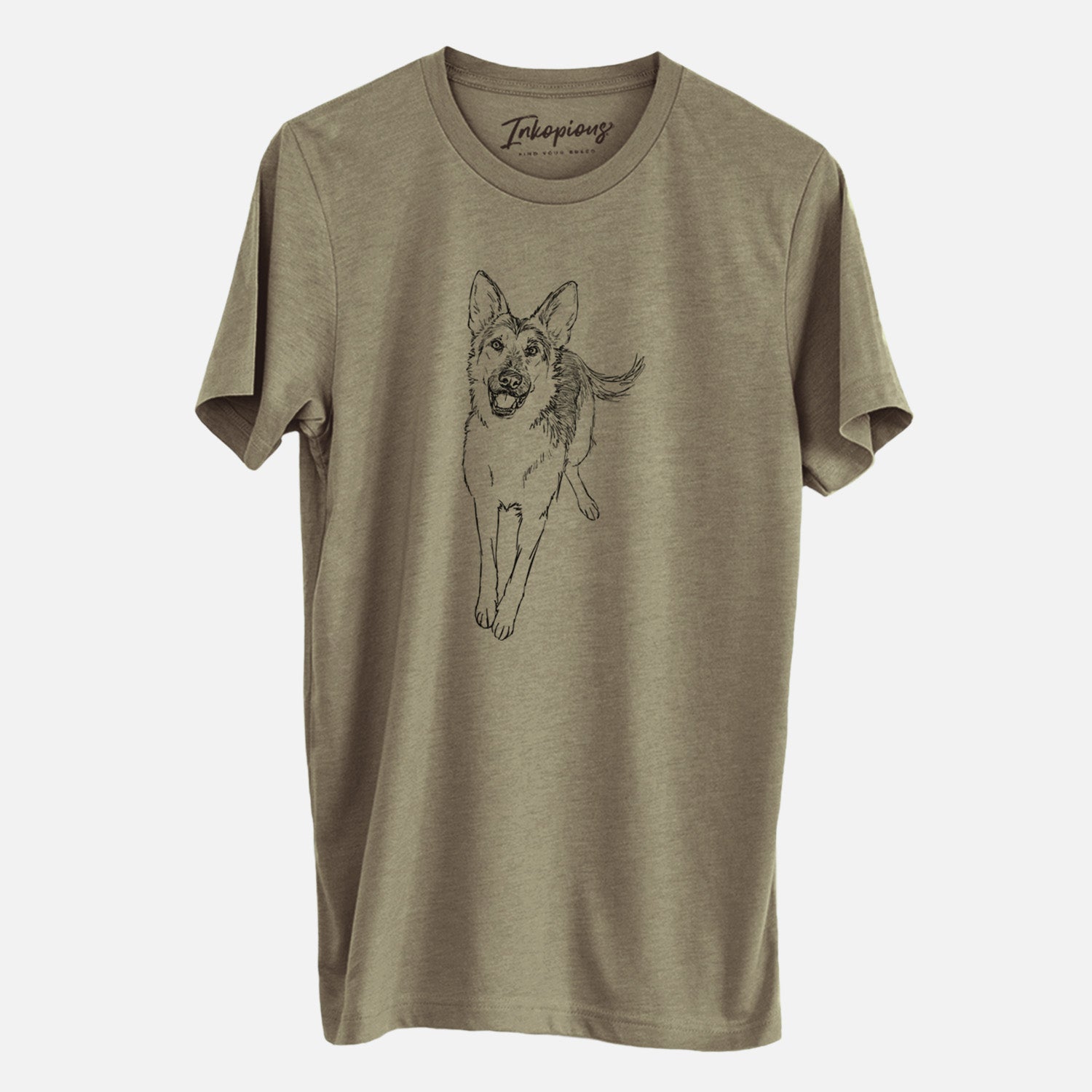 Full-body line drawing of Odie the German Shepherd on an Olive Unisex crewneck