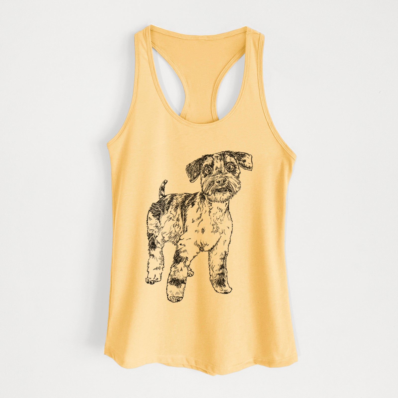 Full-body line drawing of Oliver the Blue Merle Mini Schnauzer on a Banana Cream Women's racerback tanktop