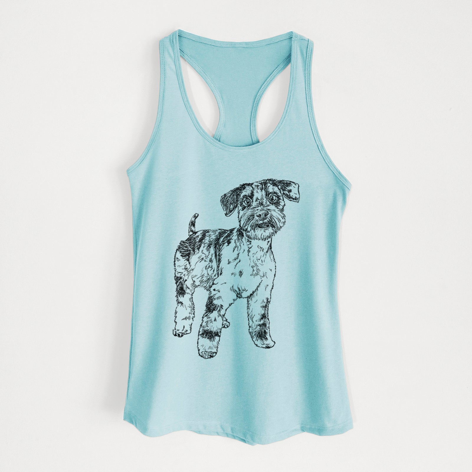 Full-body line drawing of Oliver the Blue Merle Mini Schnauzer on a Cancun Blue Women's racerback tanktop