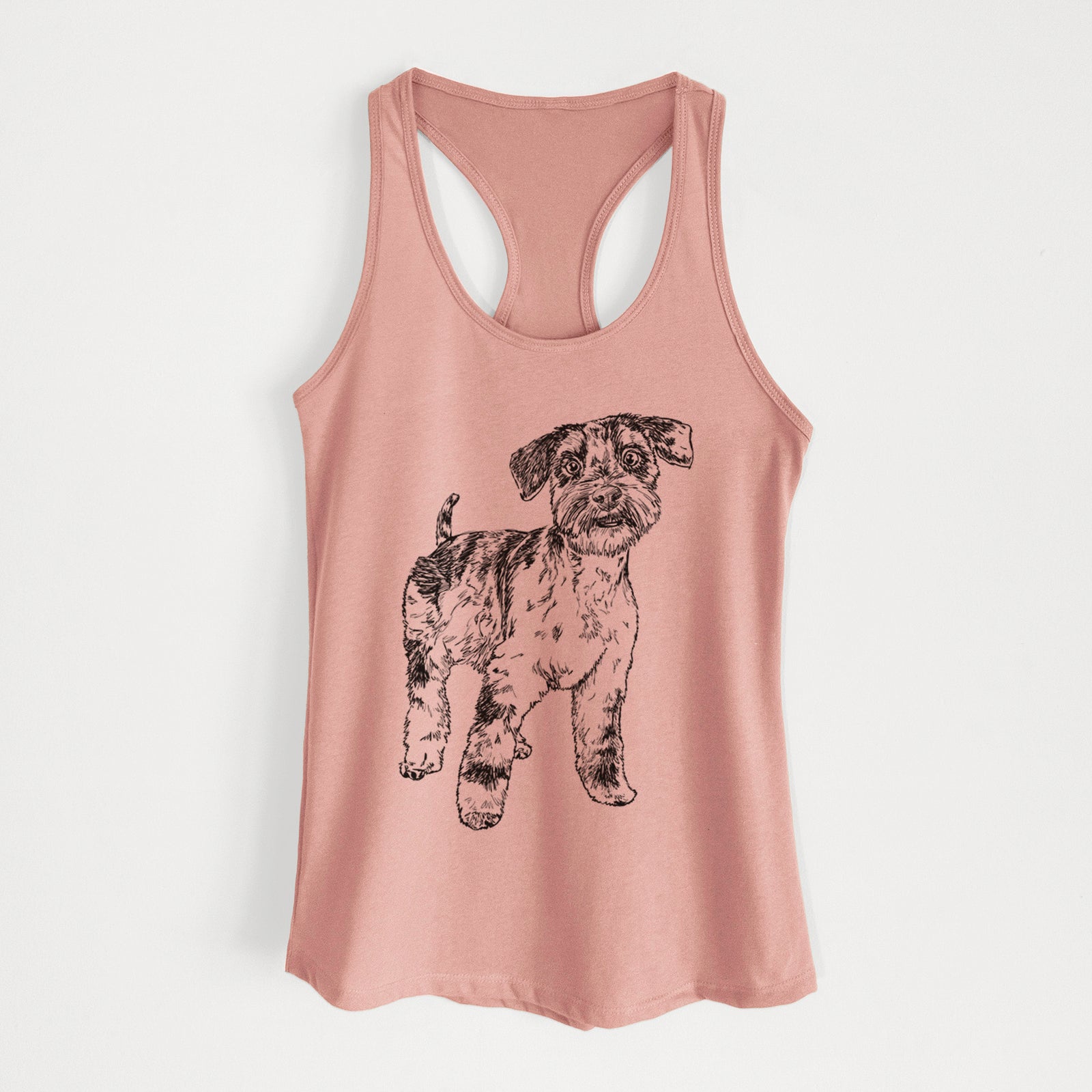 Full-body line drawing of Oliver the Blue Merle Mini Schnauzer on a Desert Pink Women's racerback tanktop