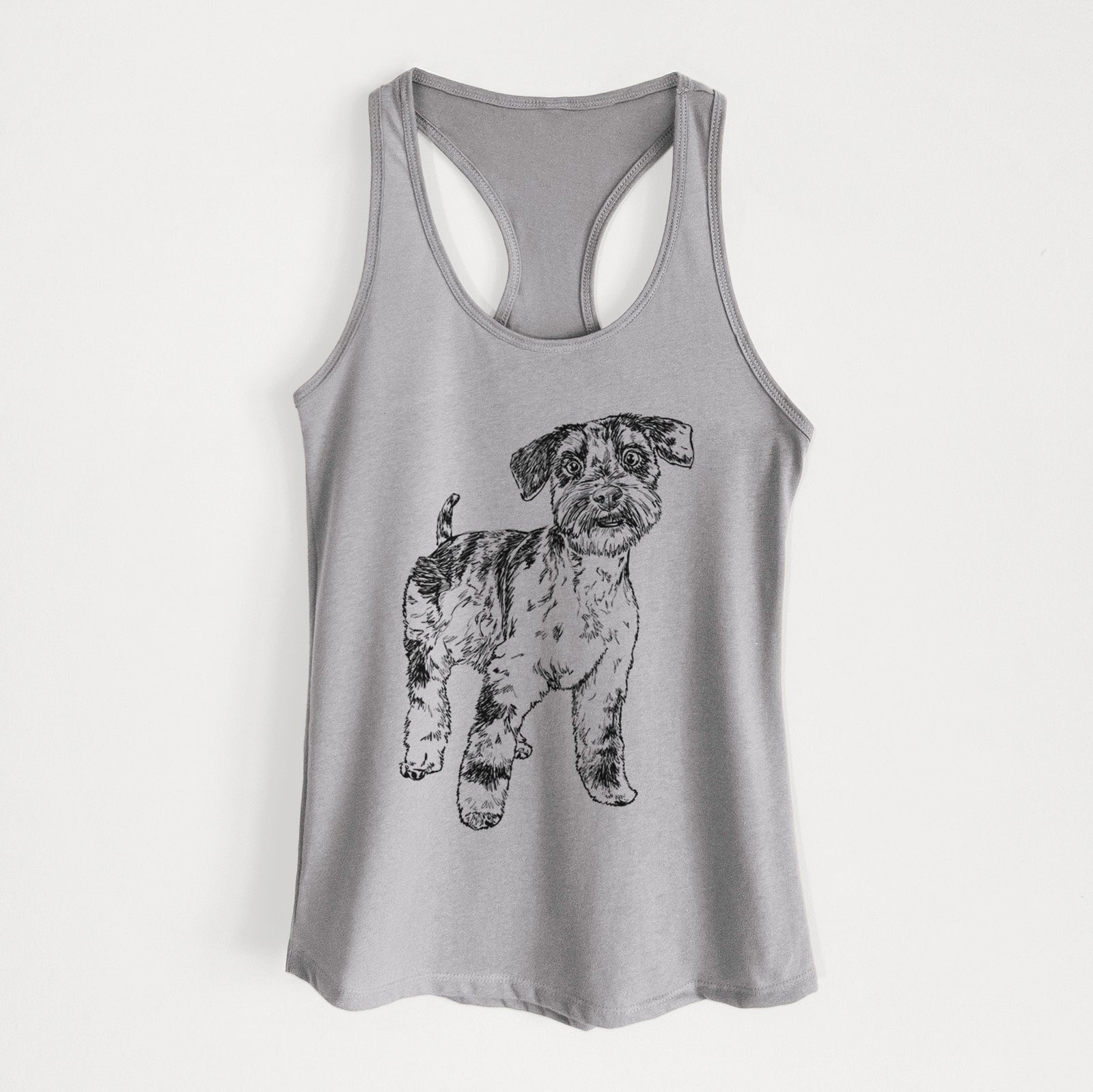Full-body line drawing of Oliver the Blue Merle Mini Schnauzer on a Heather Grey Women's racerback tanktop