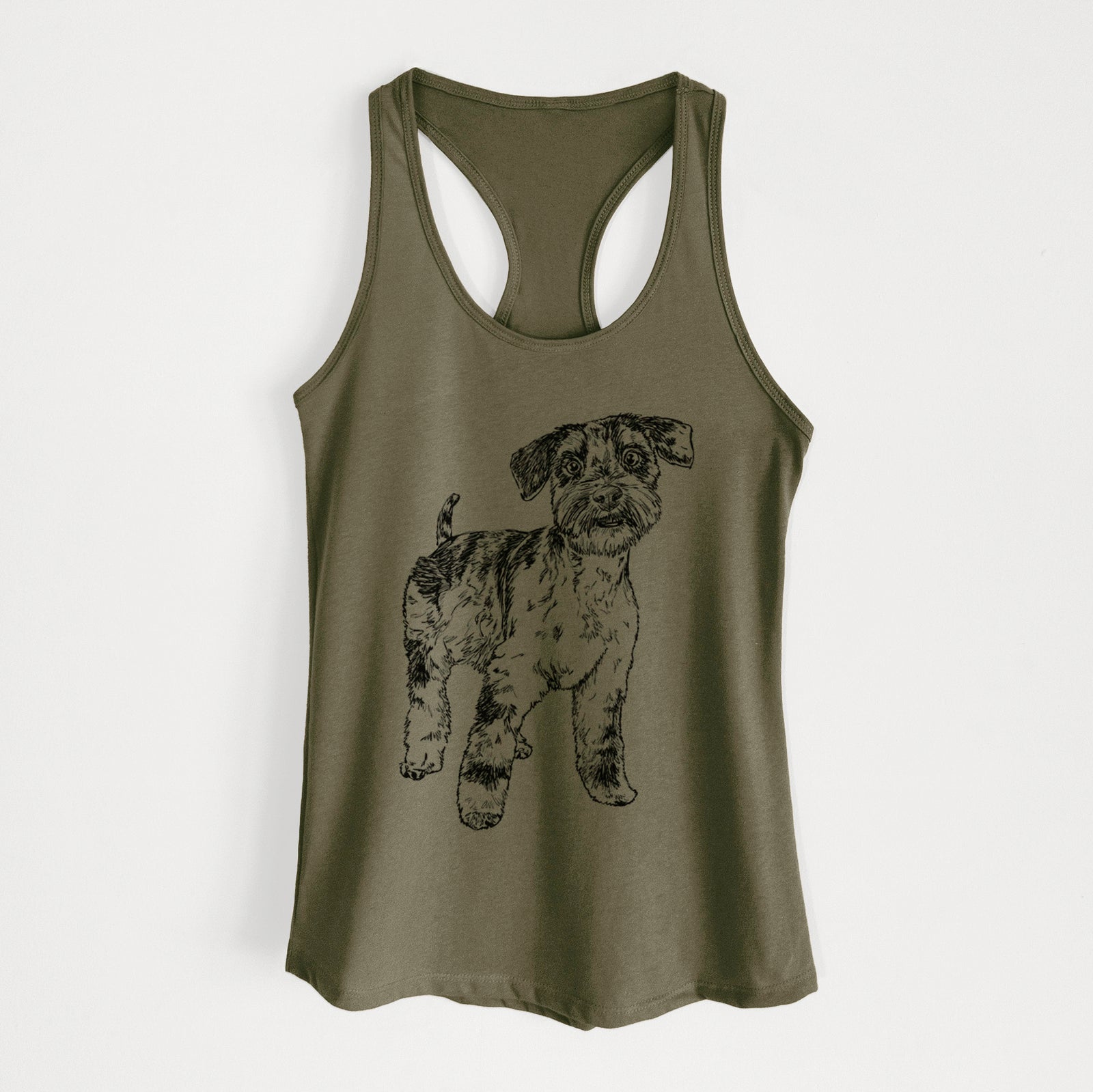 Full-body line drawing of Oliver the Blue Merle Mini Schnauzer on a Military Green Women's racerback tanktop