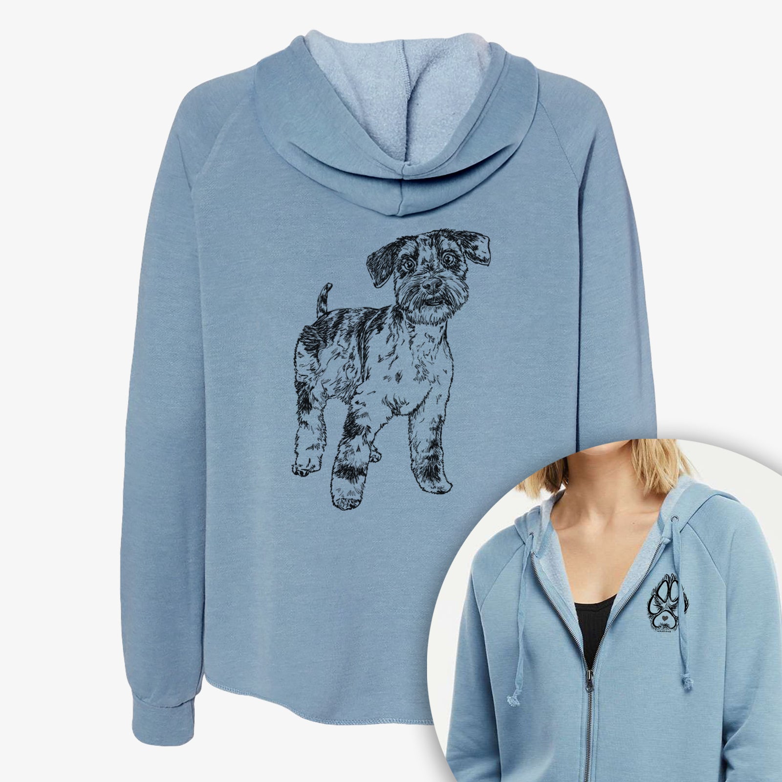 Full-body line drawing of Oliver the Blue Merle Mini Schnauzer on a Women's cali wave zip-up sweatshirt, shown with icons of the other available costume styles