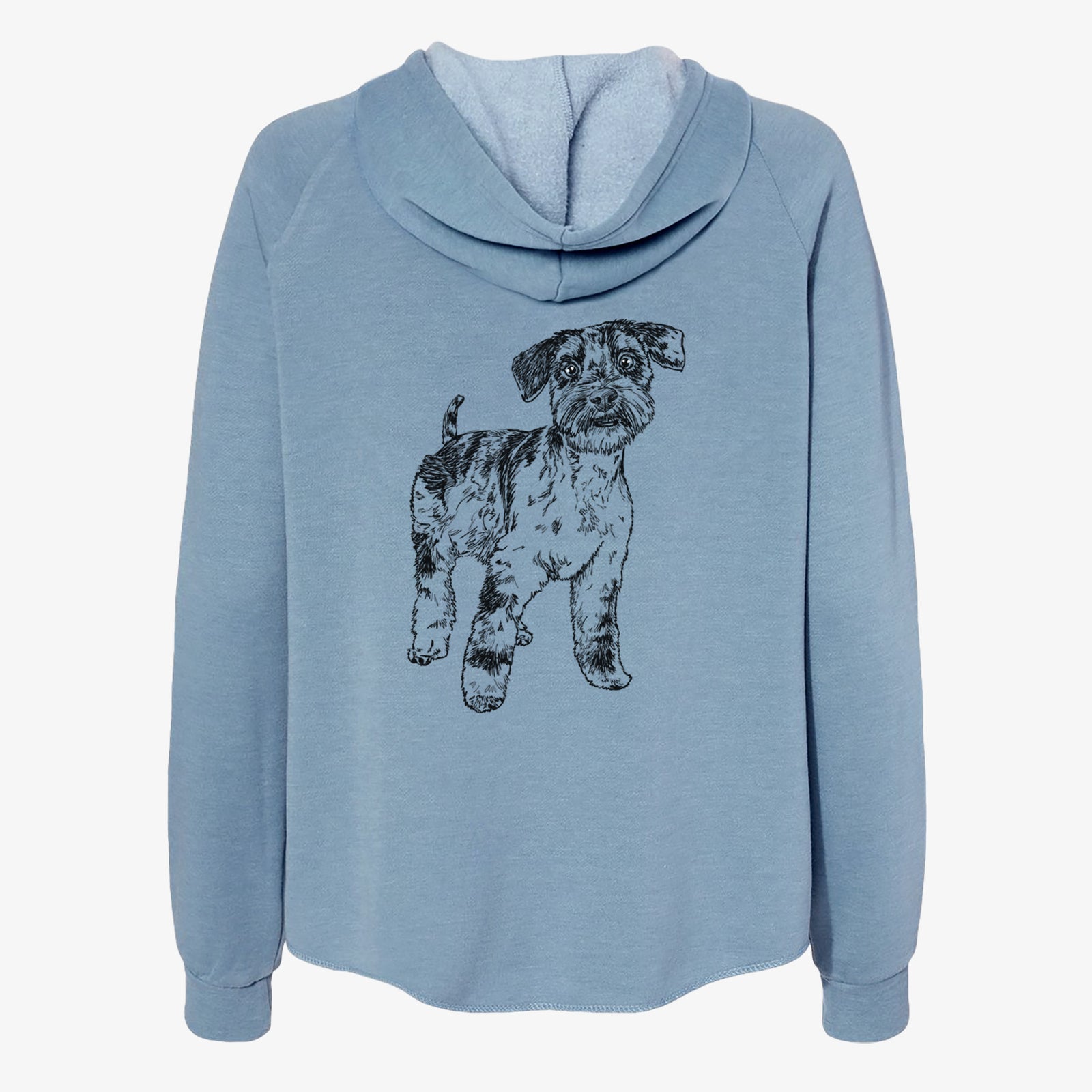 Full-body line drawing of Oliver the Blue Merle Mini Schnauzer on a Misty Blue Women's cali wave zip-up sweatshirt