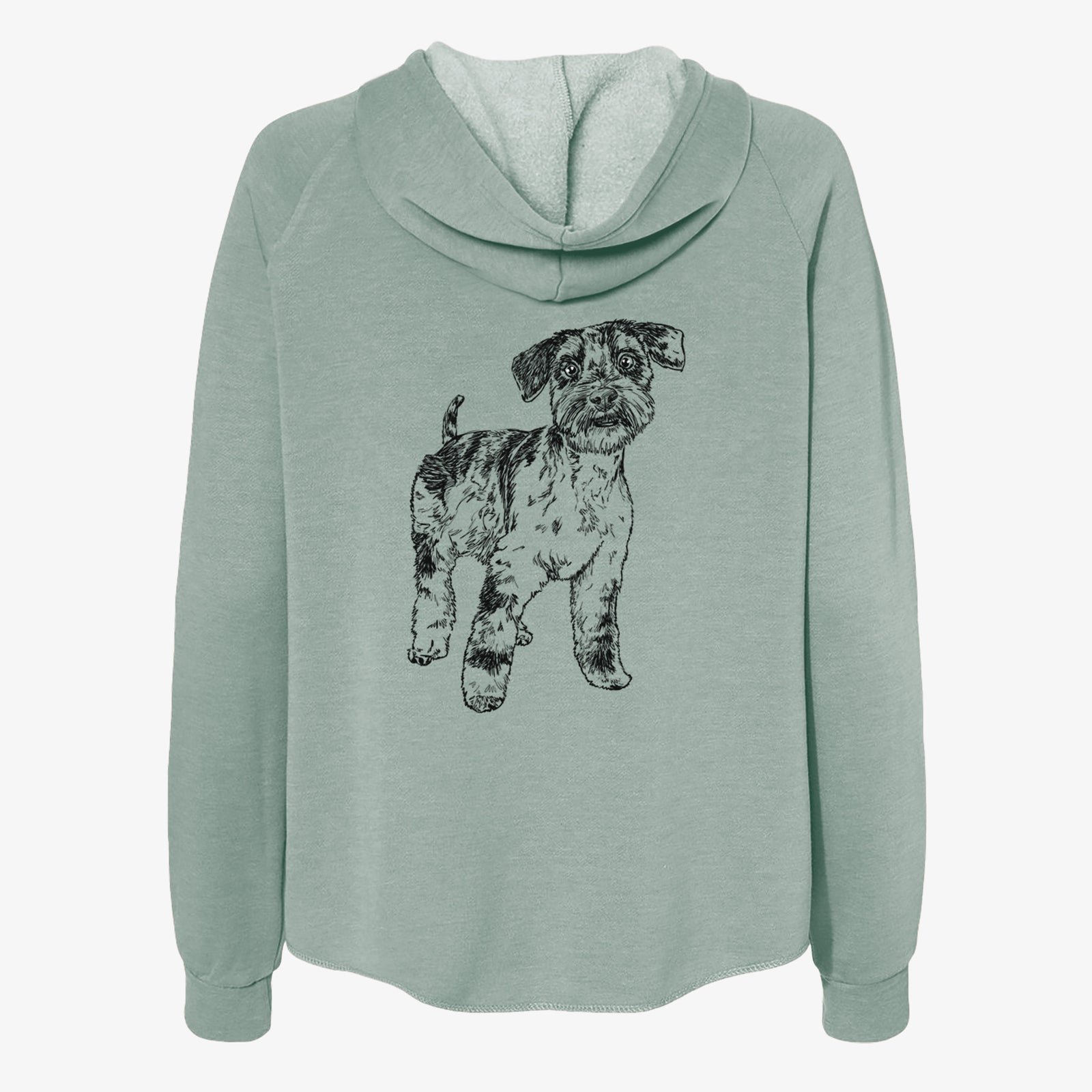 Full-body line drawing of Oliver the Blue Merle Mini Schnauzer on a Sage Women's cali wave zip-up sweatshirt