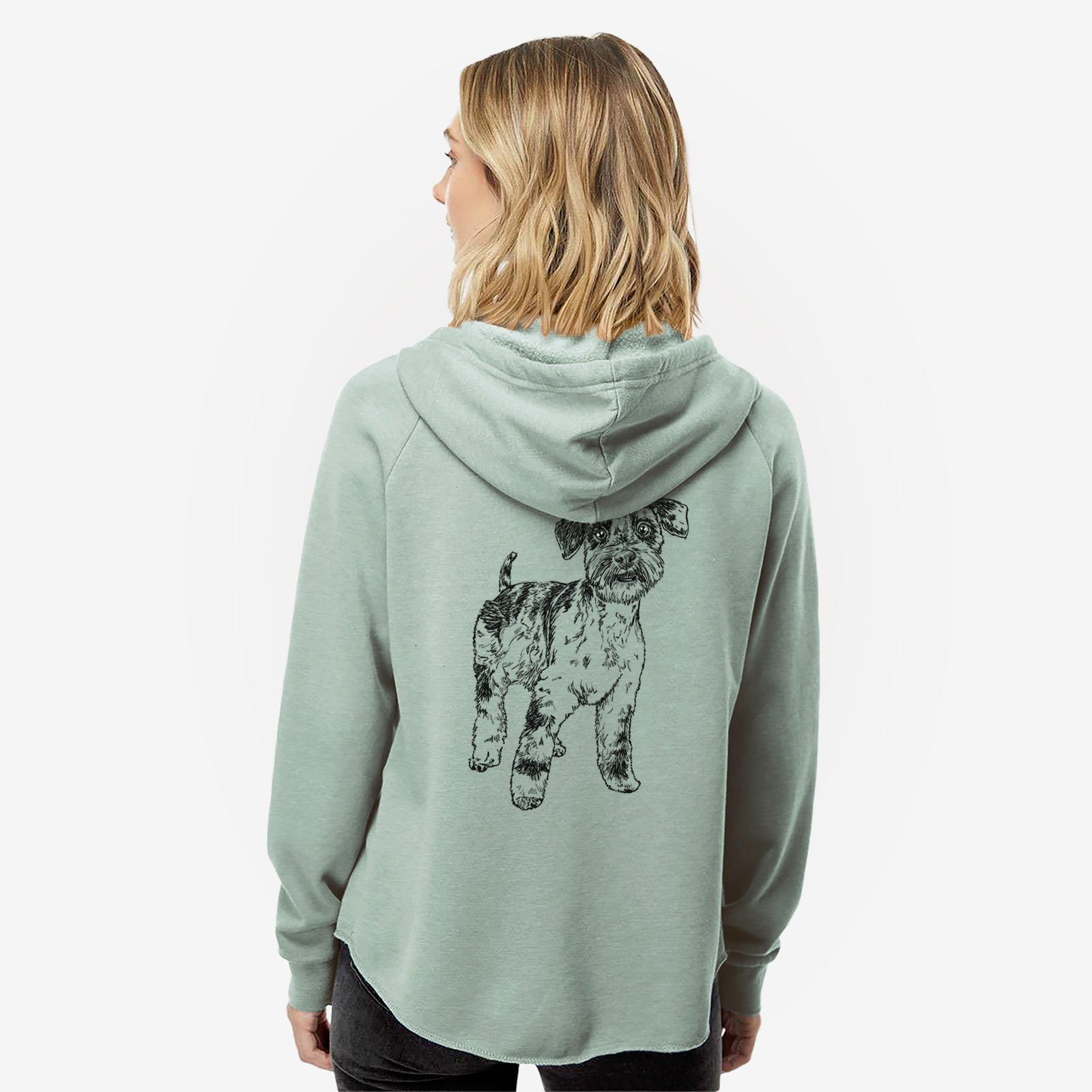 Full-body line drawing of Oliver the Blue Merle Mini Schnauzer on a Sage Women's cali wave zip-up sweatshirt