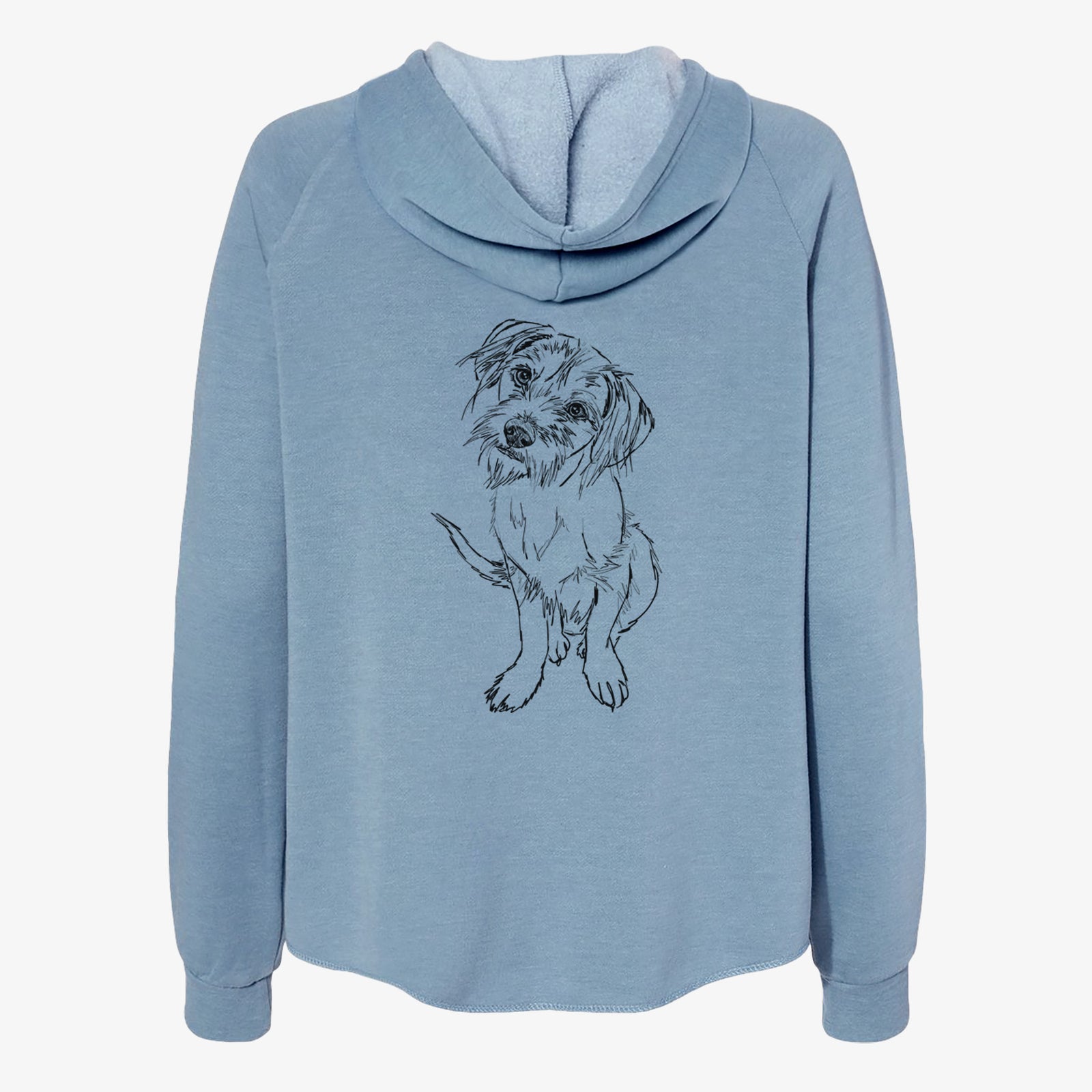 Full-body line drawing of Penny the Mixed Breed on a Misty Blue Women's cali wave zip-up sweatshirt