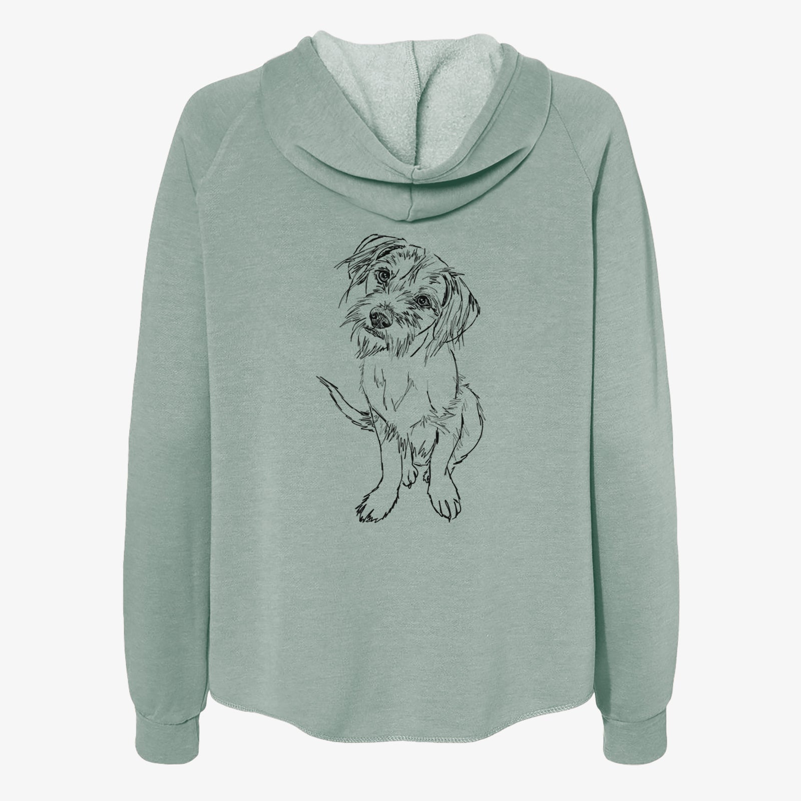 Full-body line drawing of Penny the Mixed Breed on a Sage Women's cali wave zip-up sweatshirt
