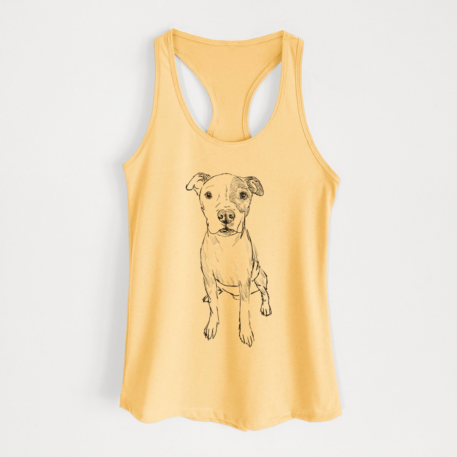 Full-body line drawing of Peter the Pitbull on a Banana Cream Women's racerback tanktop