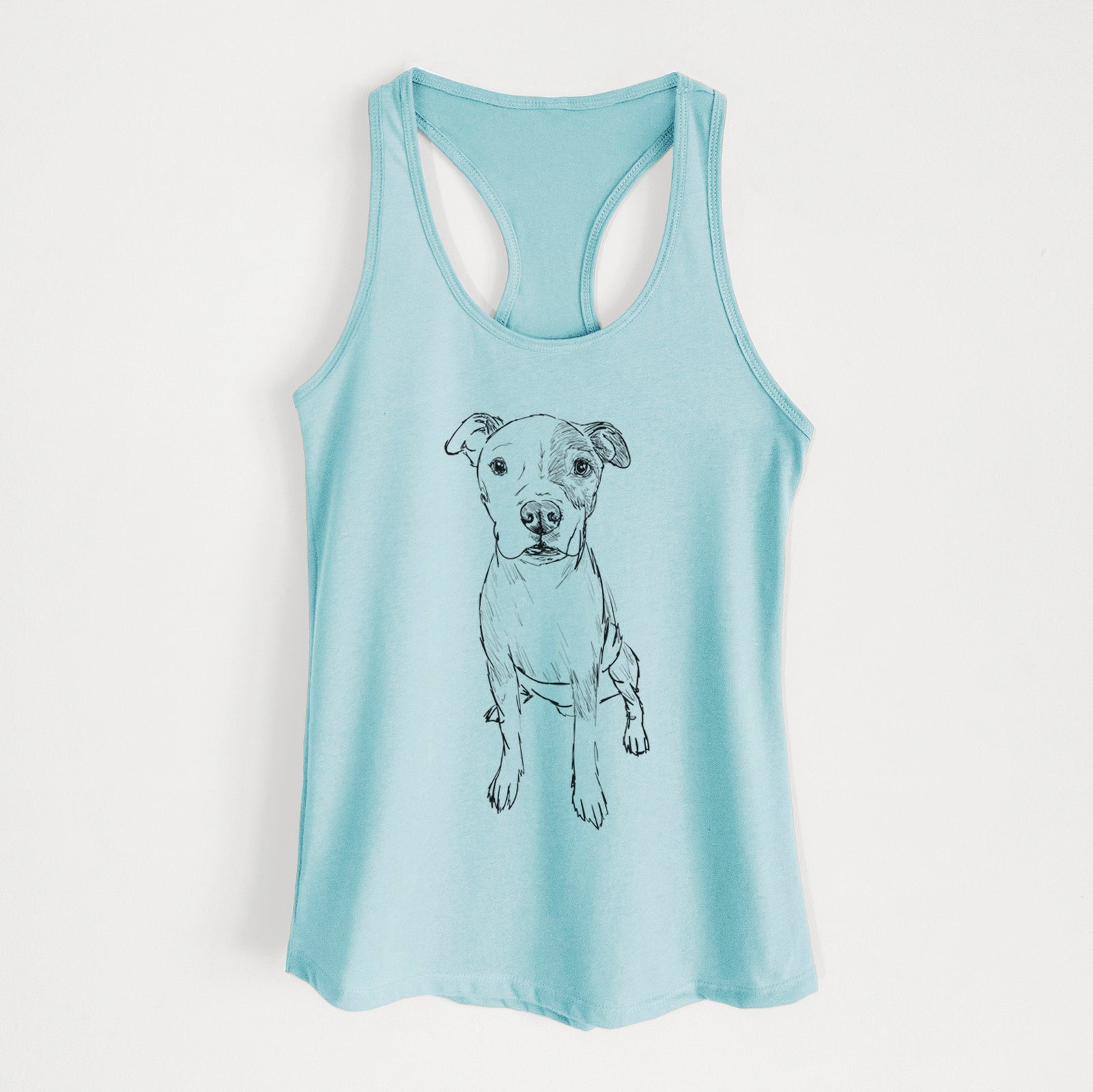 Full-body line drawing of Peter the Pitbull on a Cancun Blue Women's racerback tanktop