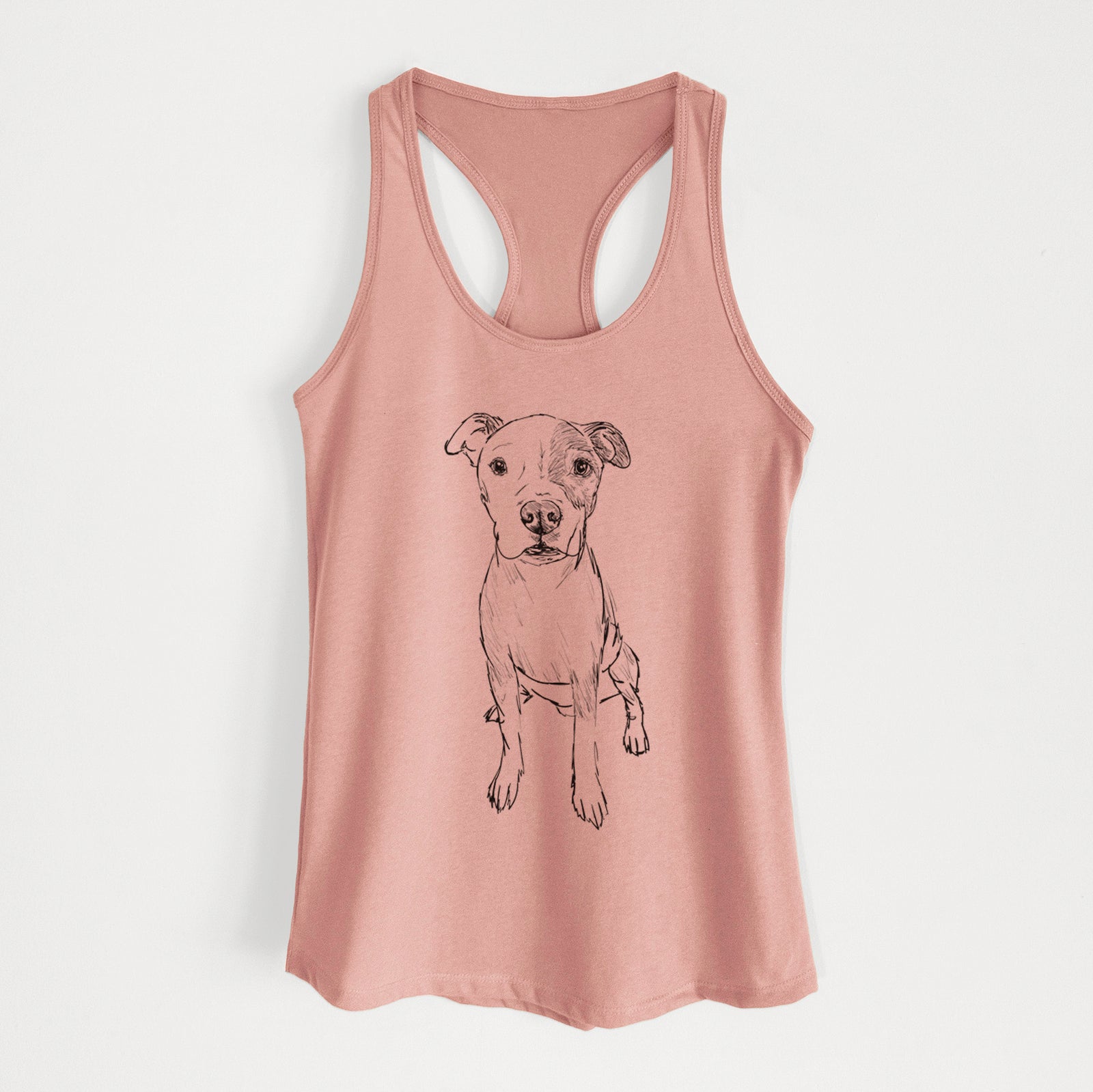 Full-body line drawing of Peter the Pitbull on a Desert Pink Women's racerback tanktop
