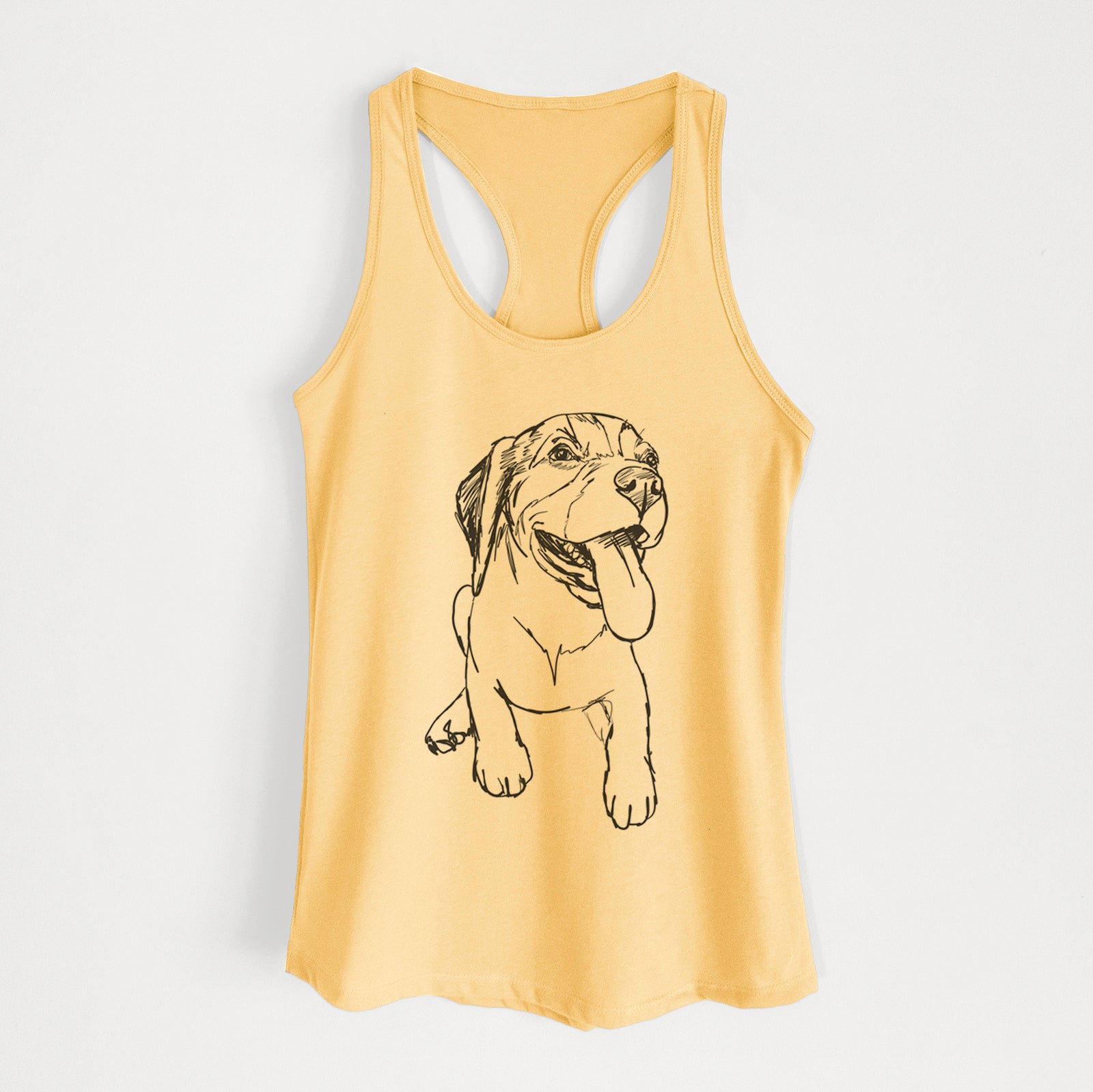 Full-body line drawing of Piper the Beagle Puppy on a Banana Cream Women's racerback tanktop