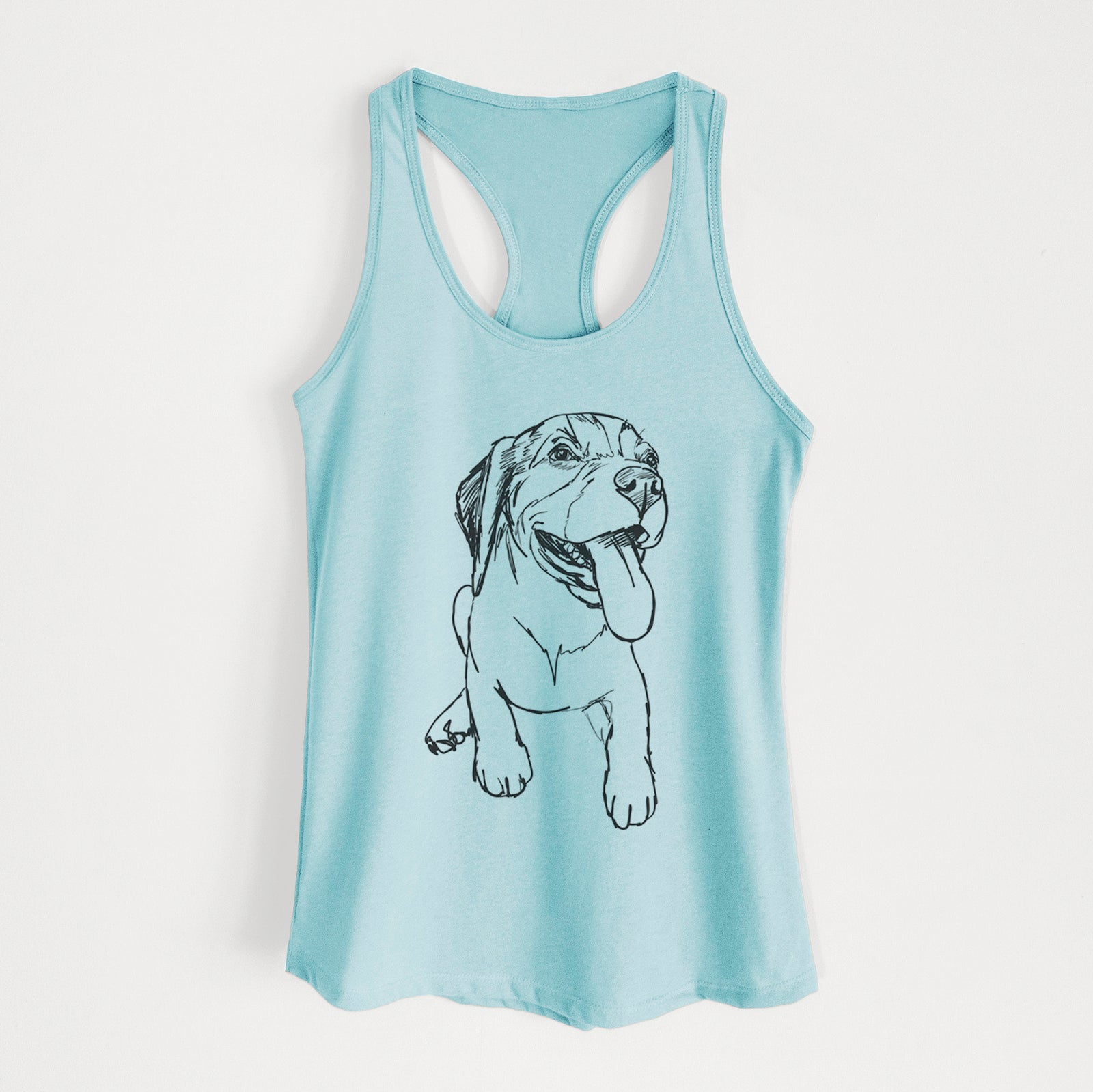 Full-body line drawing of Piper the Beagle Puppy on a Cancun Blue Women's racerback tanktop