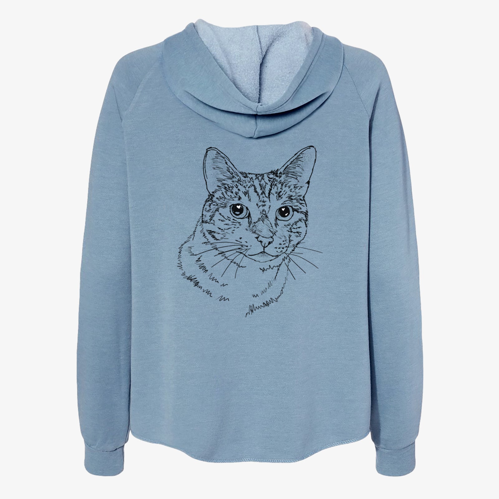Full-body line drawing of Prince the Tabby Cat on a Misty Blue Women's cali wave zip-up sweatshirt