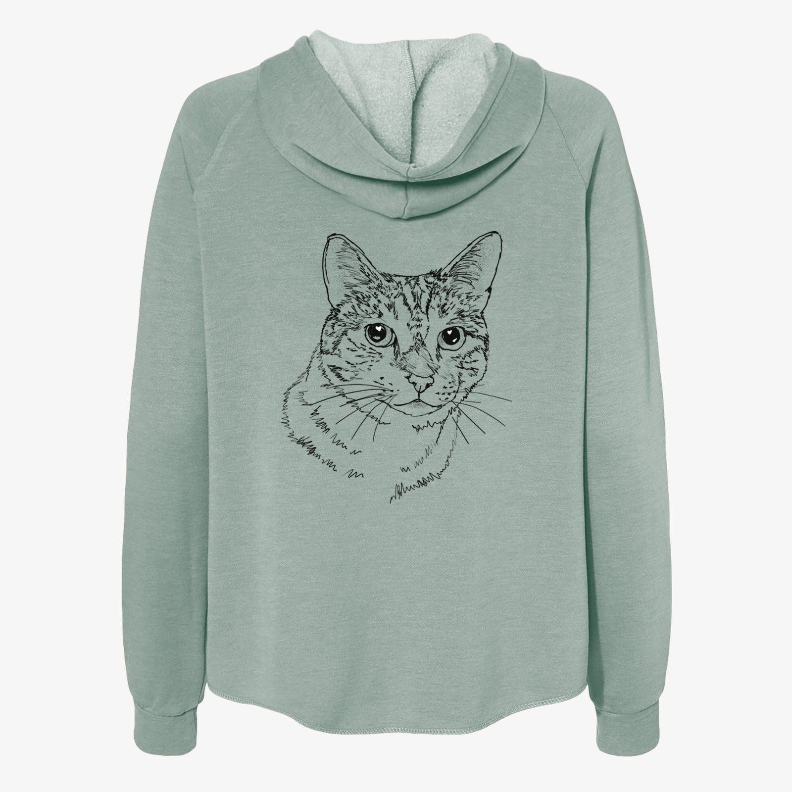 Full-body line drawing of Prince the Tabby Cat on a Sage Women's cali wave zip-up sweatshirt