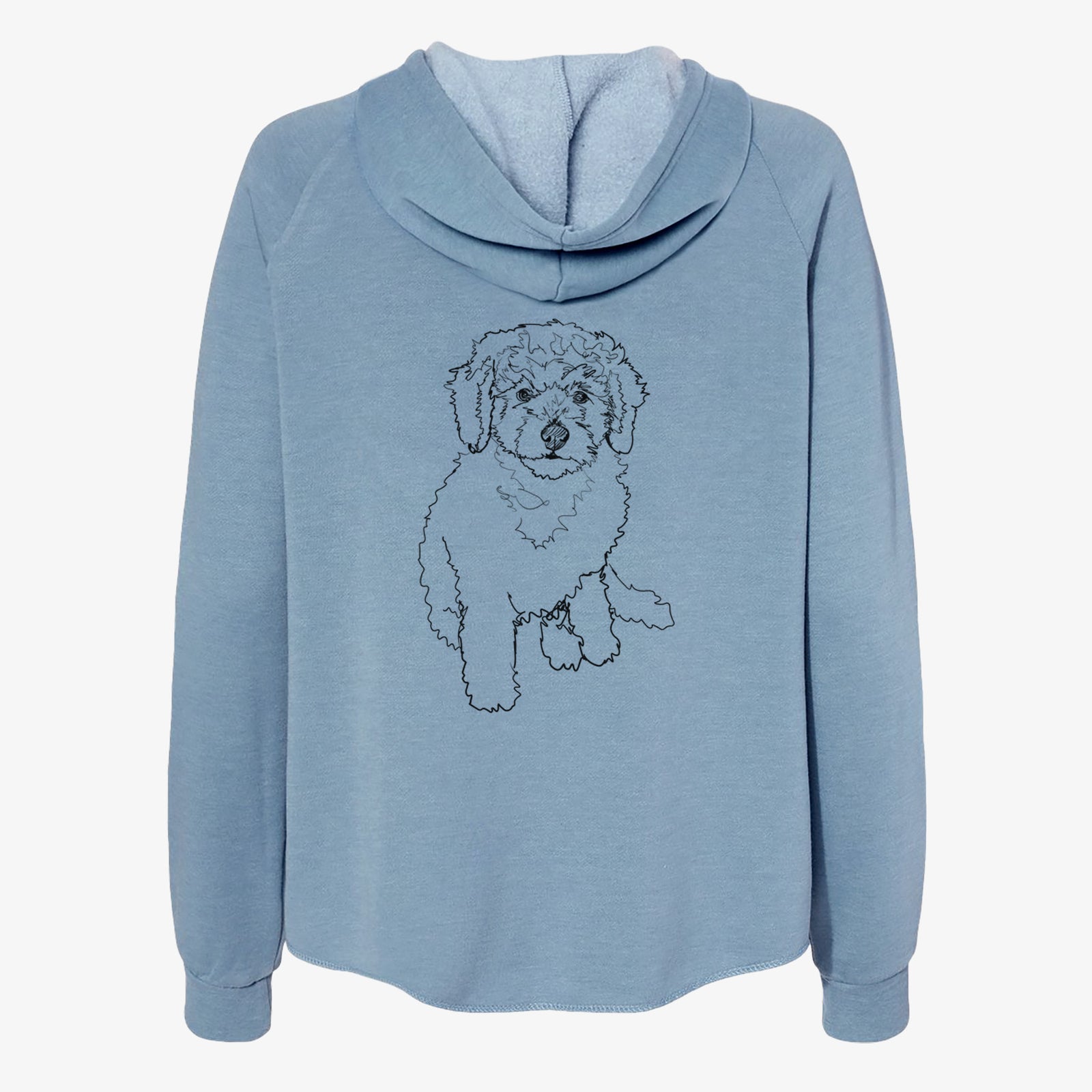 Full-body line drawing of Puff the Labradoodle Puppy on a Misty Blue Women's cali wave zip-up sweatshirt