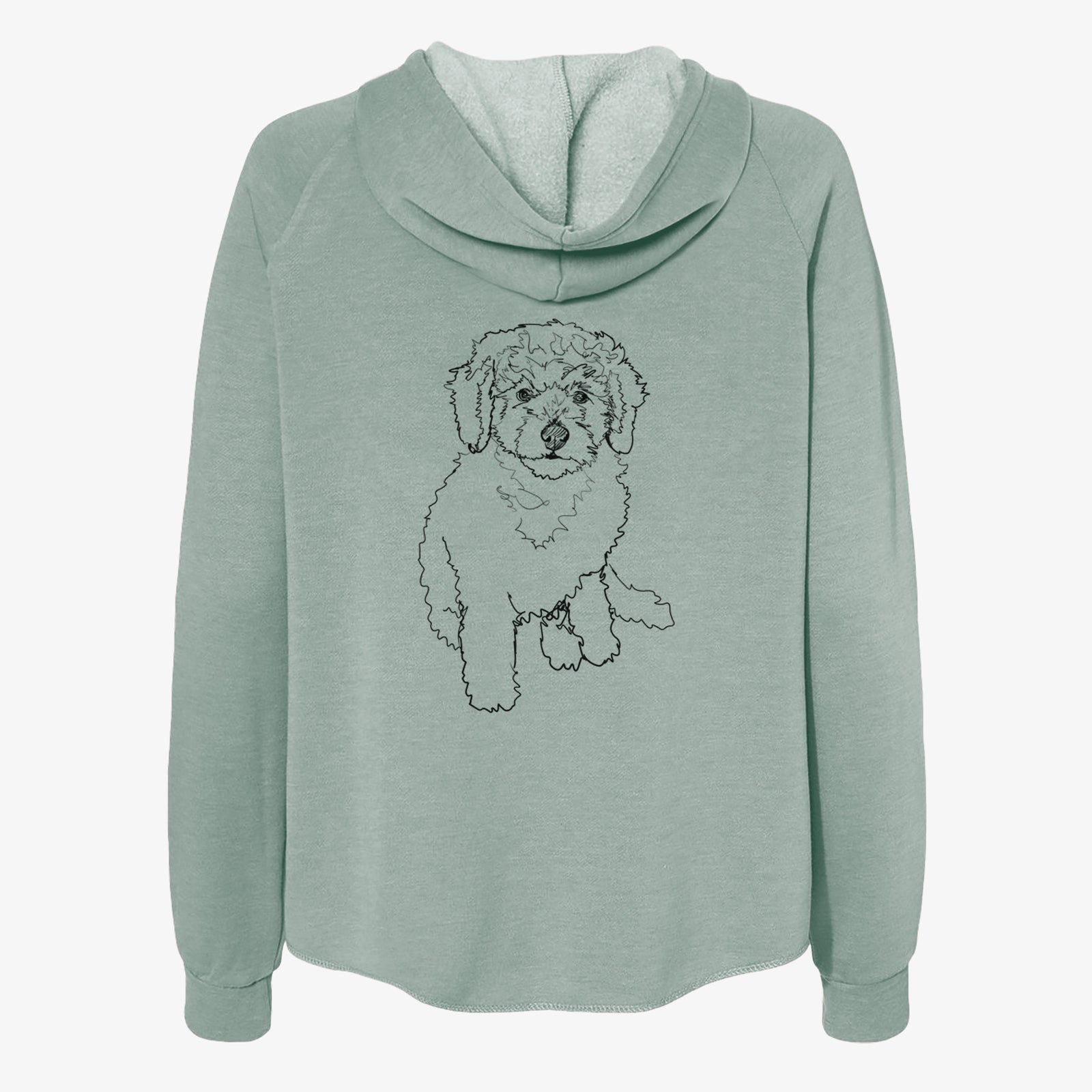 Full-body line drawing of Puff the Labradoodle Puppy on a Sage Women's cali wave zip-up sweatshirt