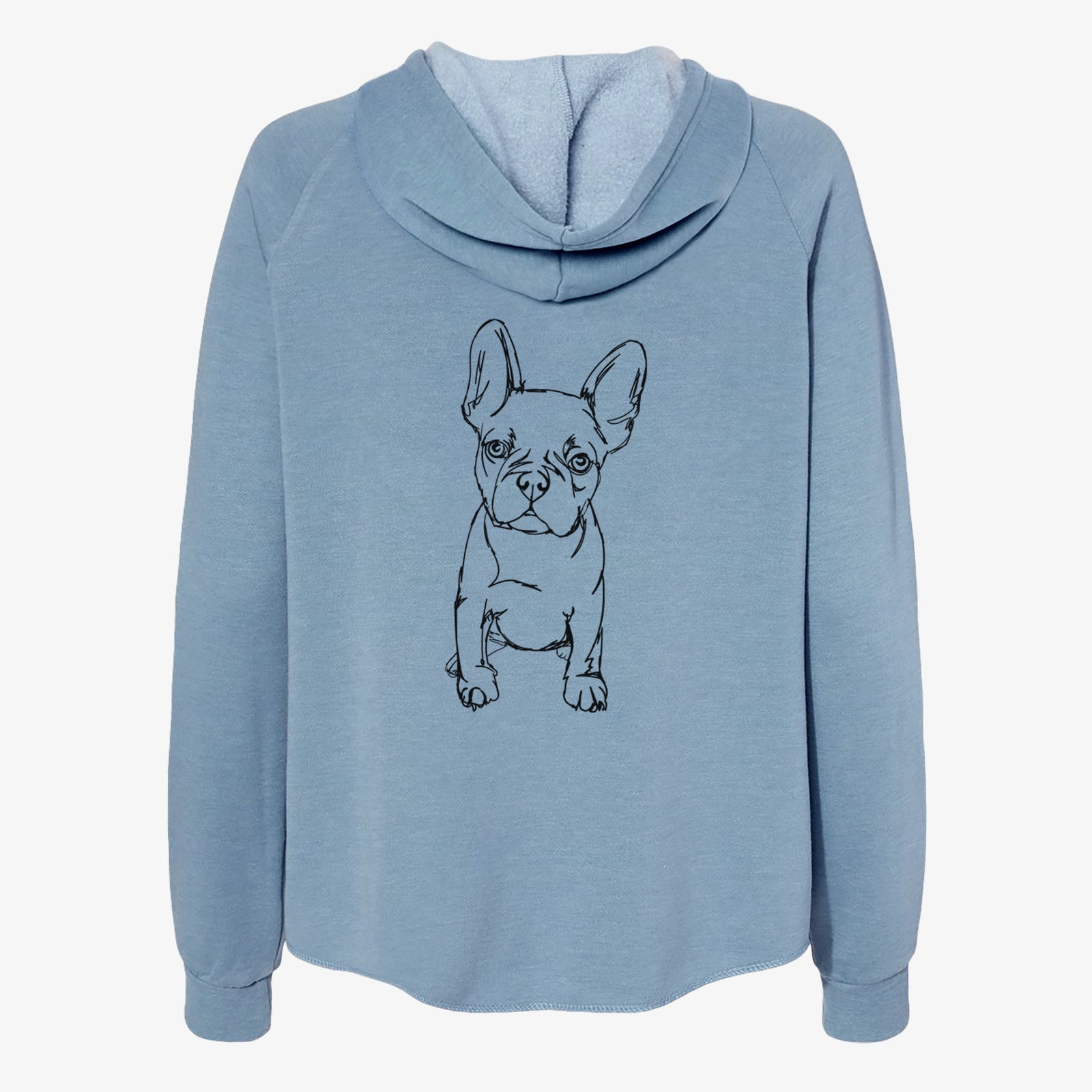 Full-body line drawing of Franco the French Bulldog Puppy on a Misty Blue Women's cali wave zip-up sweatshirt