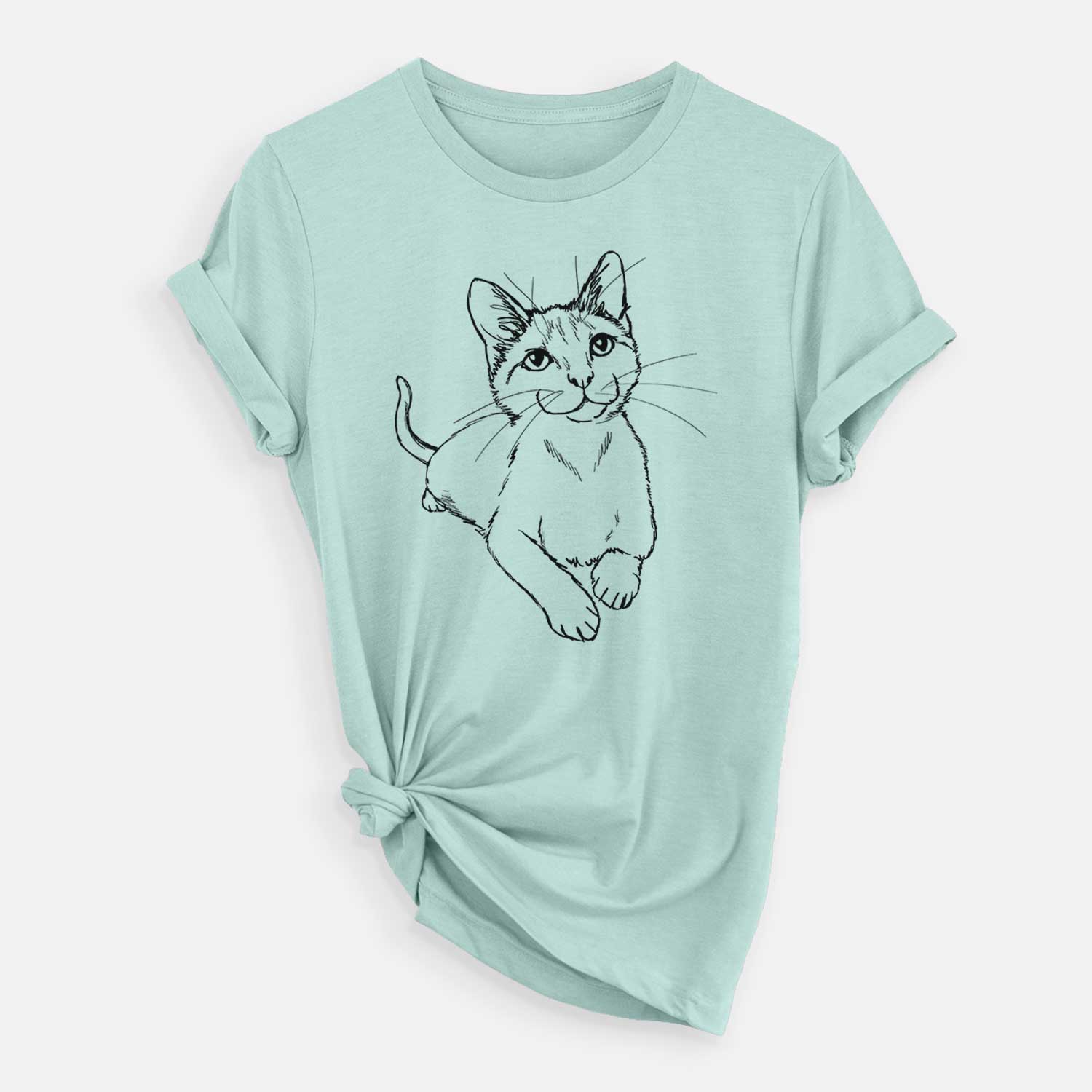 Full-body line drawing of Quark the Siamese Cat on a Heather Sage Unisex crewneck