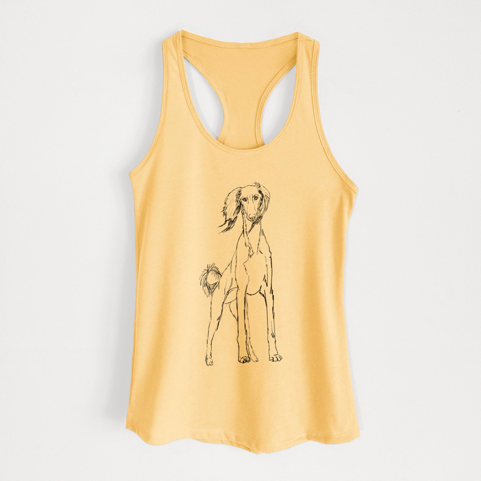 Full-body line drawing of Ramses the Saluki on a Banana Cream Women's racerback tanktop