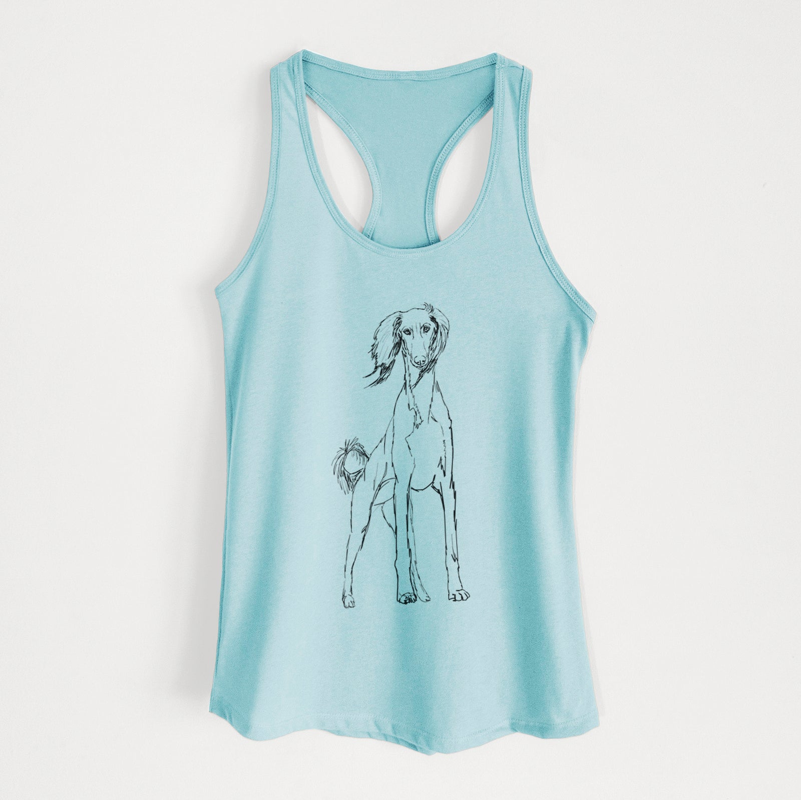 Full-body line drawing of Ramses the Saluki on a Cancun Blue Women's racerback tanktop