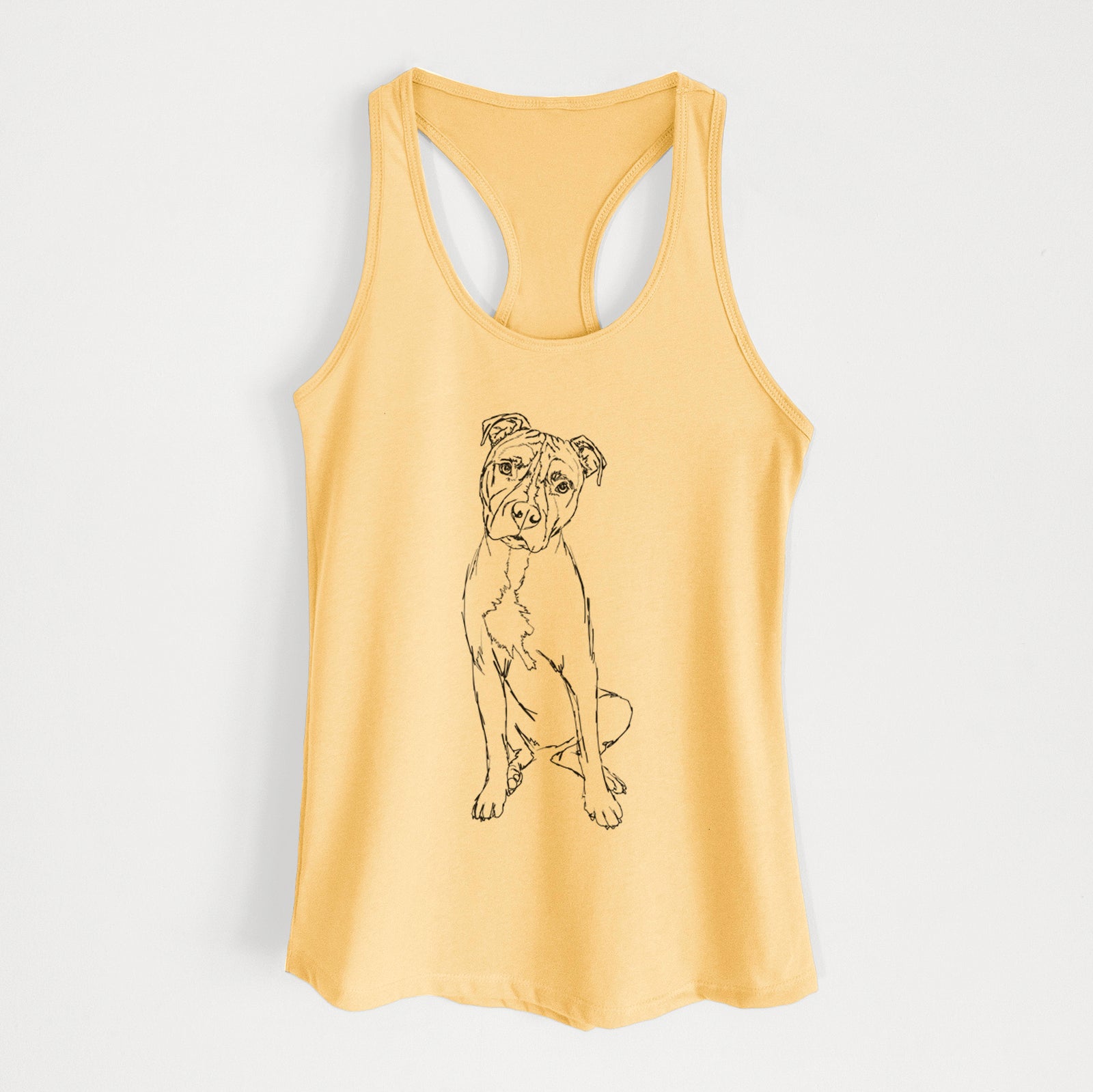 Full-body line drawing of Reggie the American Staffordshire Terrier on a Banana Cream Women's racerback tanktop