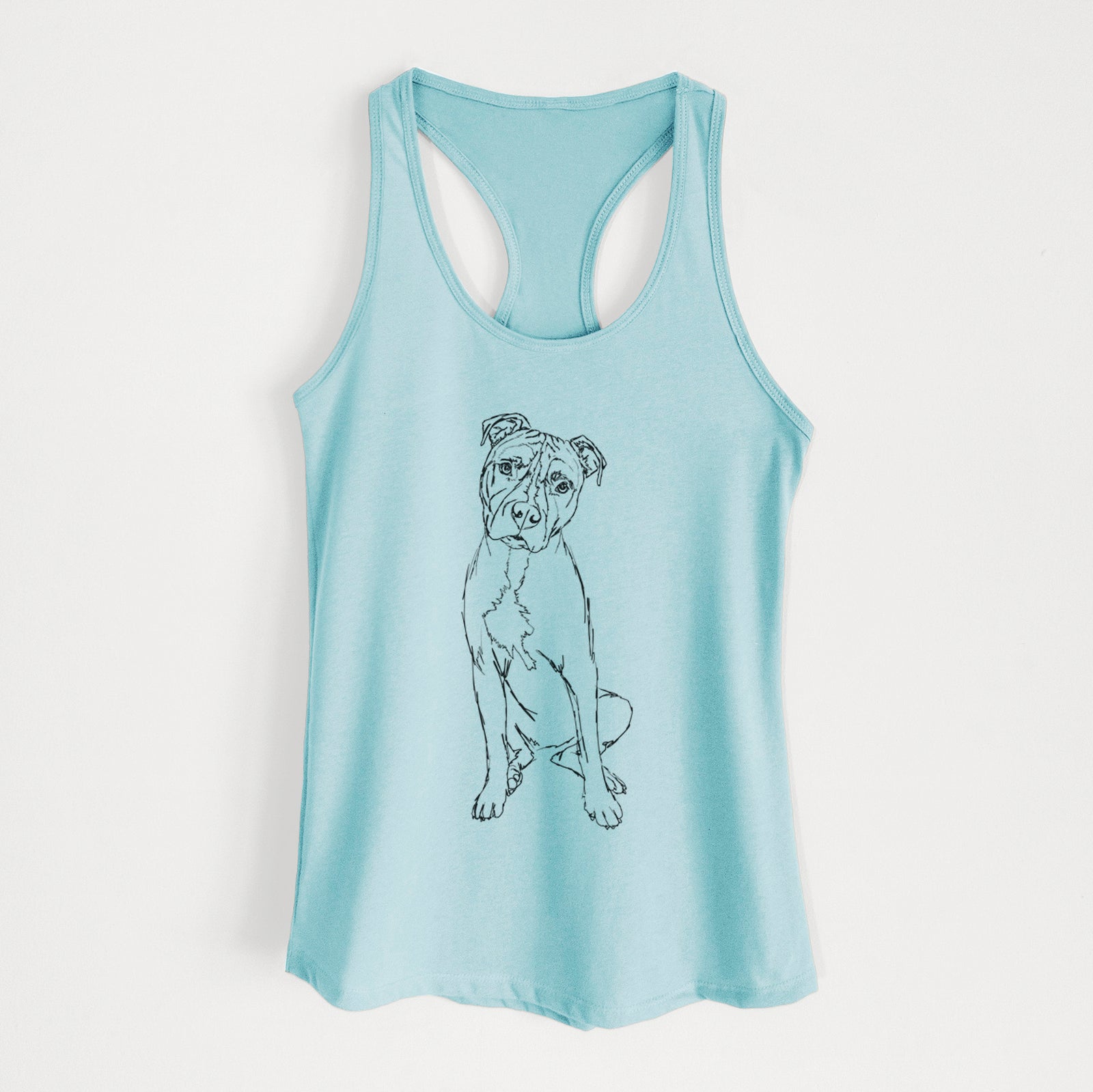 Full-body line drawing of Reggie the American Staffordshire Terrier on a Cancun Blue Women's racerback tanktop