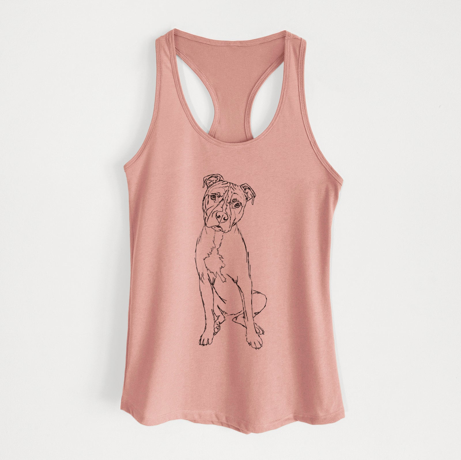 Full-body line drawing of Reggie the American Staffordshire Terrier on a Desert Pink Women's racerback tanktop