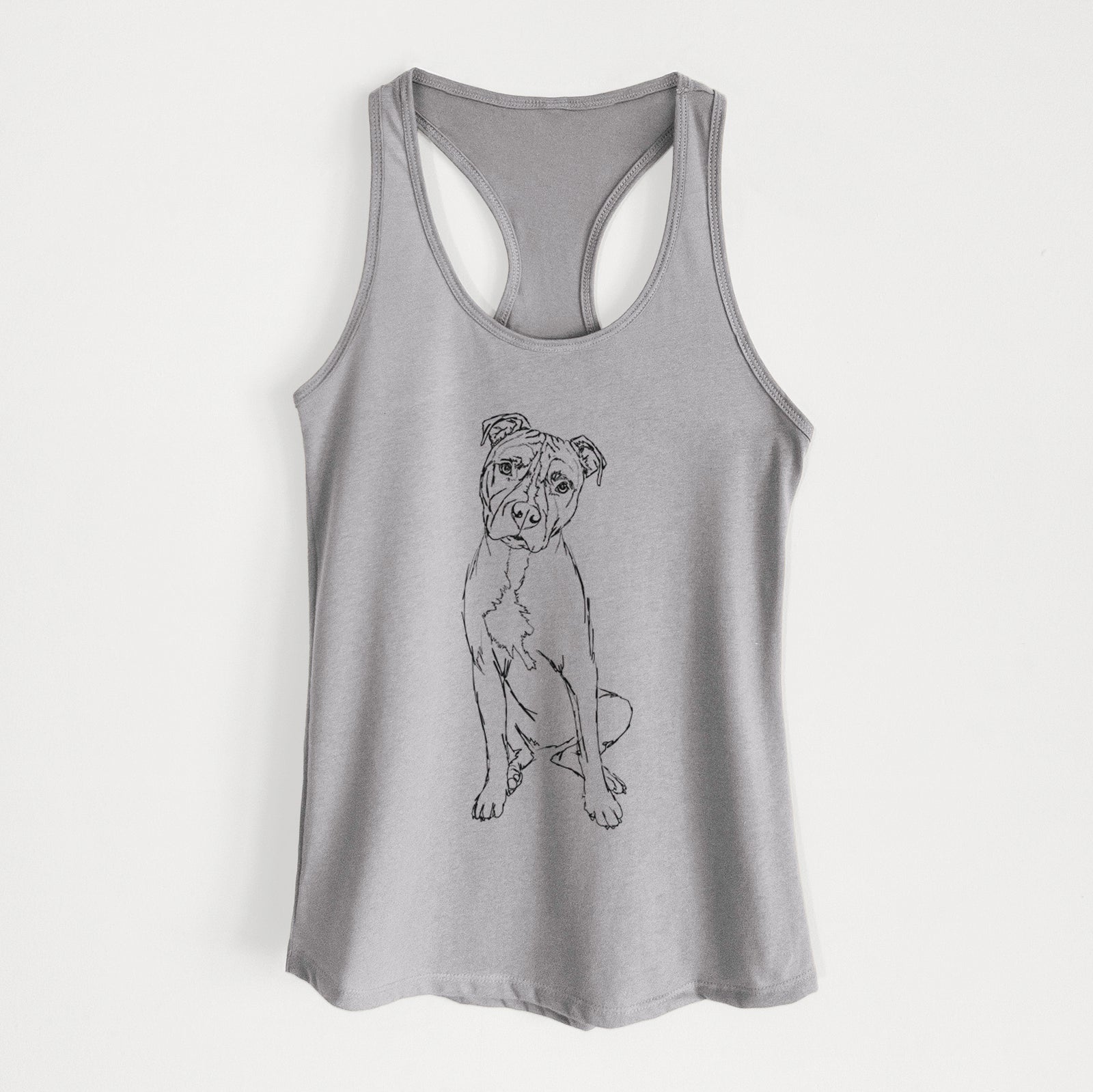 Full-body line drawing of Reggie the American Staffordshire Terrier on a Heather Grey Women's racerback tanktop