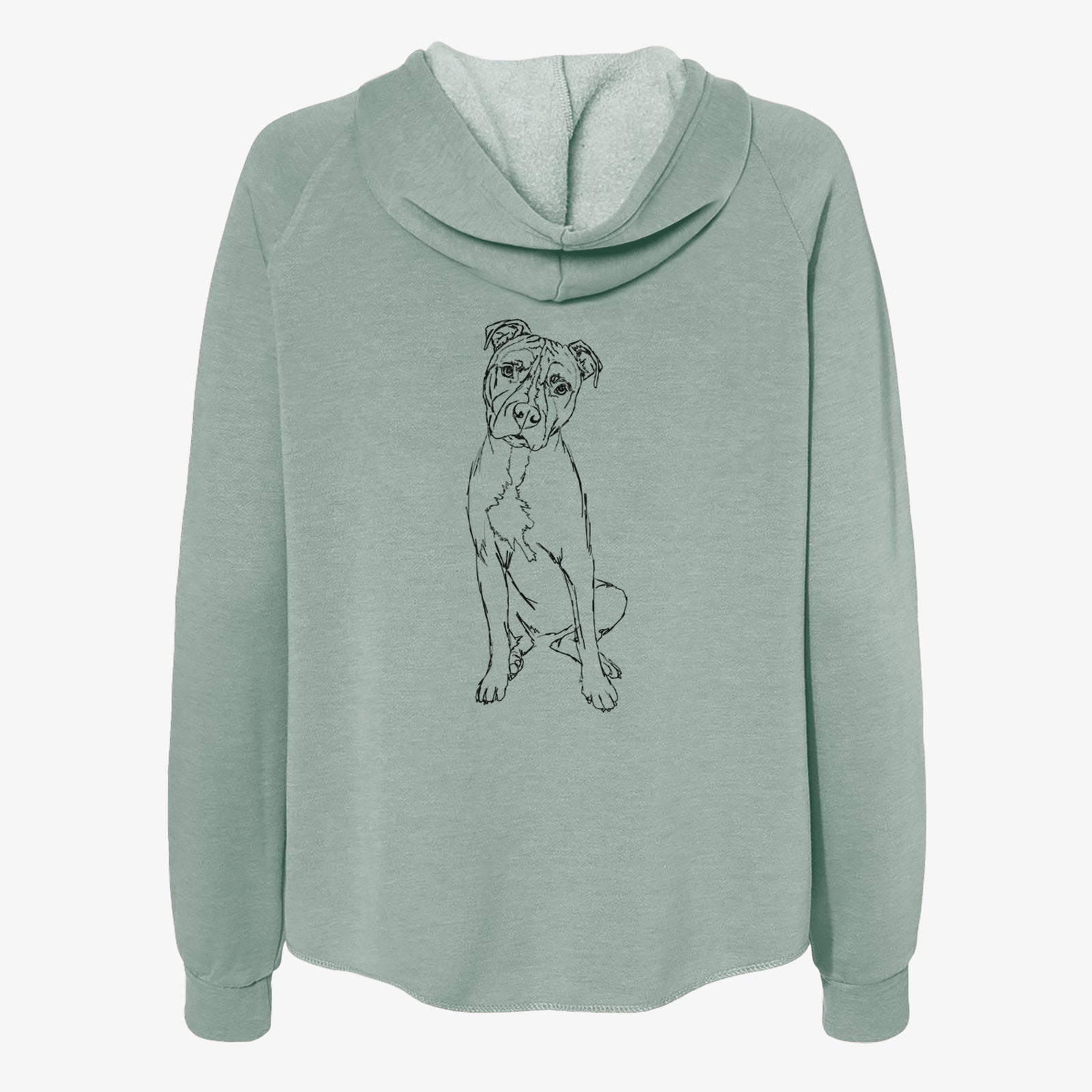 Full-body line drawing of Reggie the American Staffordshire Terrier on a Sage Women's cali wave zip-up sweatshirt