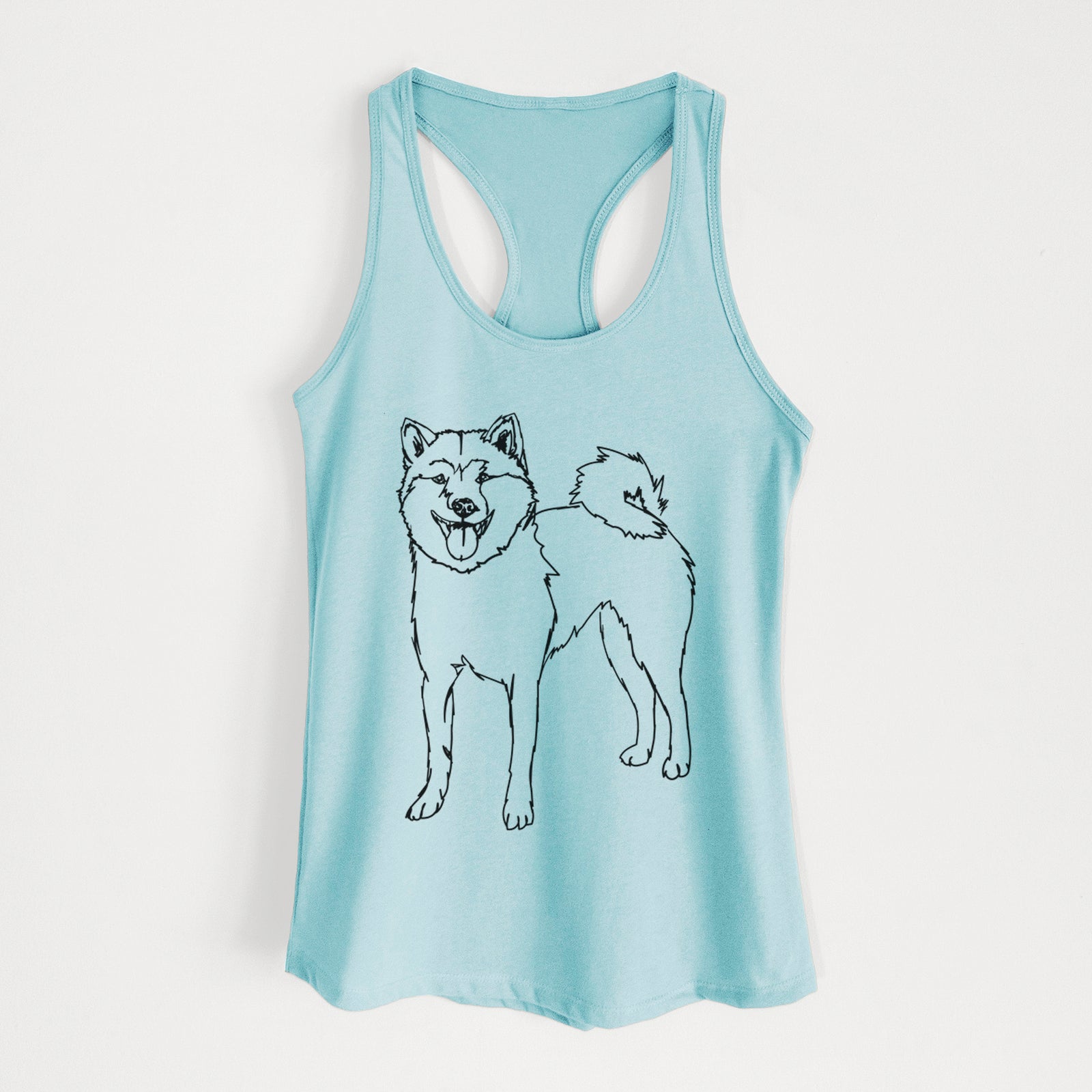 Full-body line drawing of Rin the Shiba Inu on a Cancun Blue Women's racerback tanktop