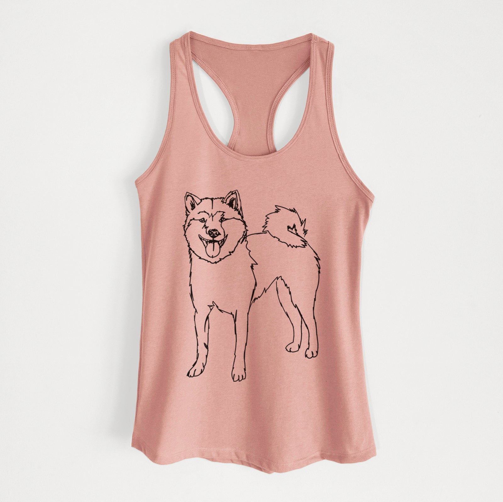 Full-body line drawing of Rin the Shiba Inu on a Desert Pink Women's racerback tanktop