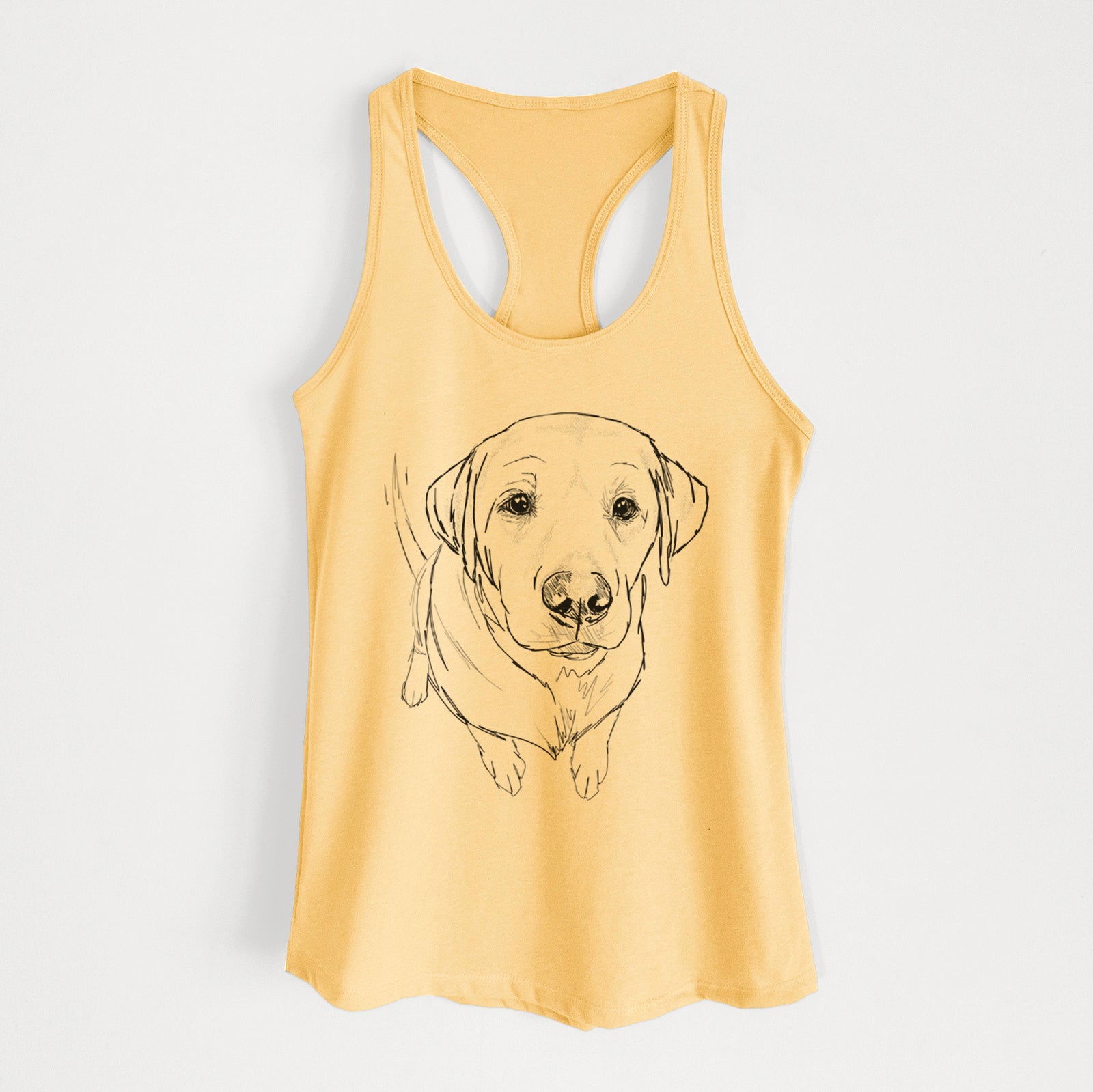 Full-body line drawing of Rizzo the Labrador Retriever on a Banana Cream Women's racerback tanktop