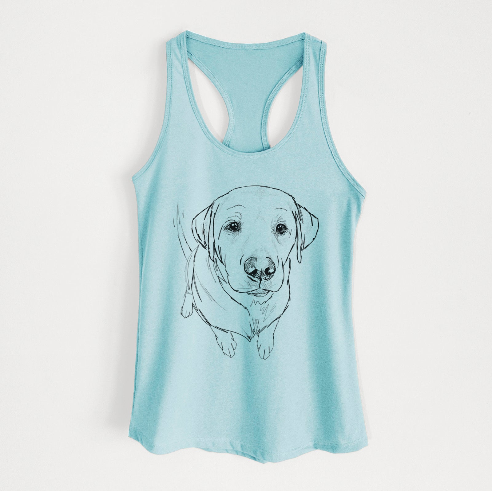 Full-body line drawing of Rizzo the Labrador Retriever on a Cancun Blue Women's racerback tanktop