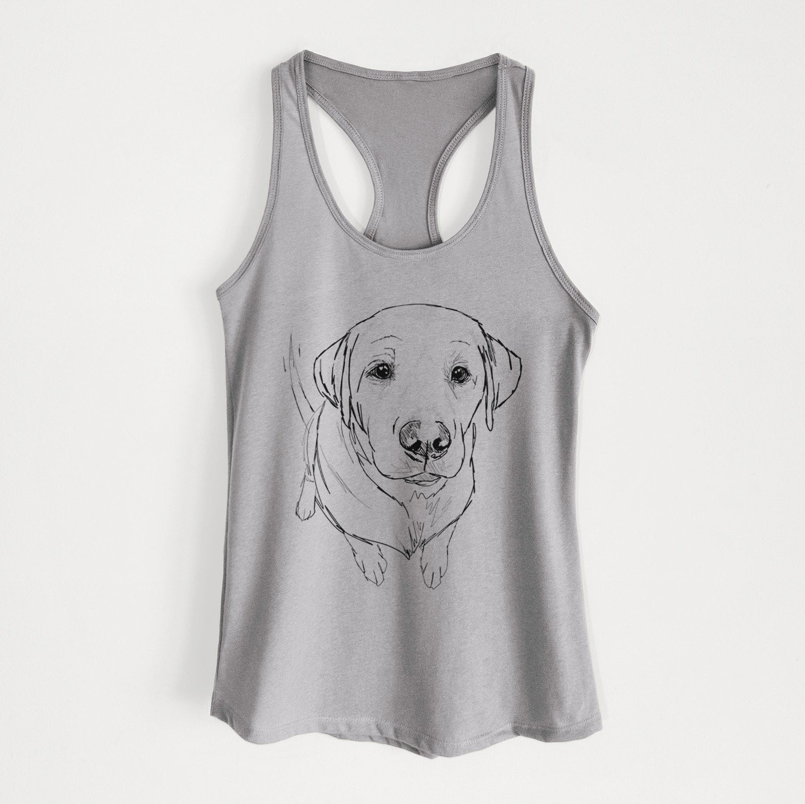 Full-body line drawing of Rizzo the Labrador Retriever on a Heather Grey Women's racerback tanktop