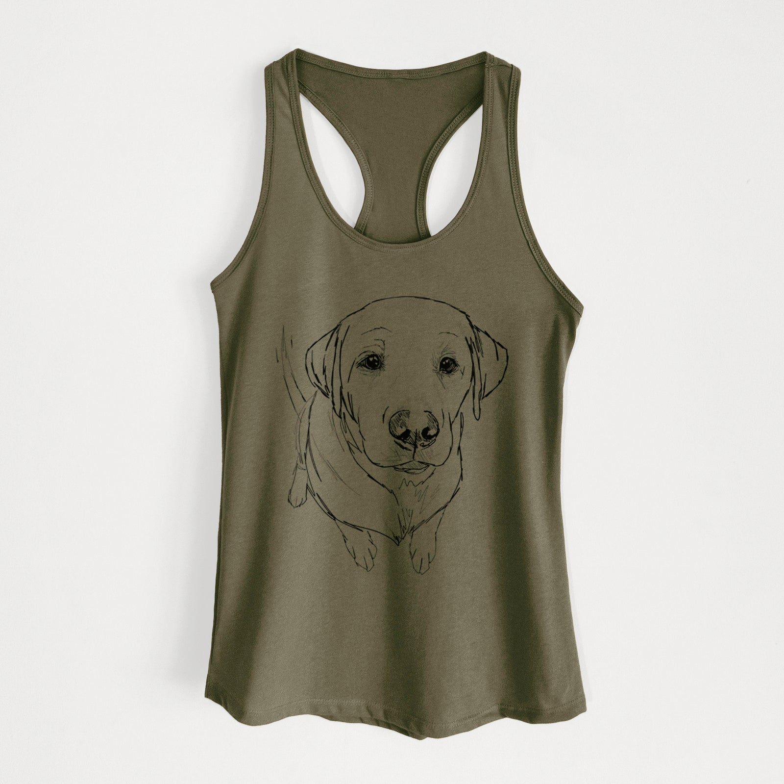 Full-body line drawing of Rizzo the Labrador Retriever on a Military Green Women's racerback tanktop