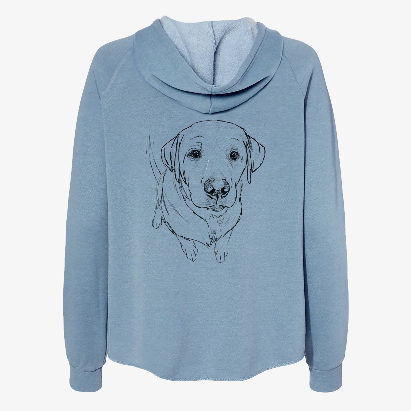 Full-body line drawing of Rizzo the Labrador Retriever on a Misty Blue Women's cali wave zip-up sweatshirt