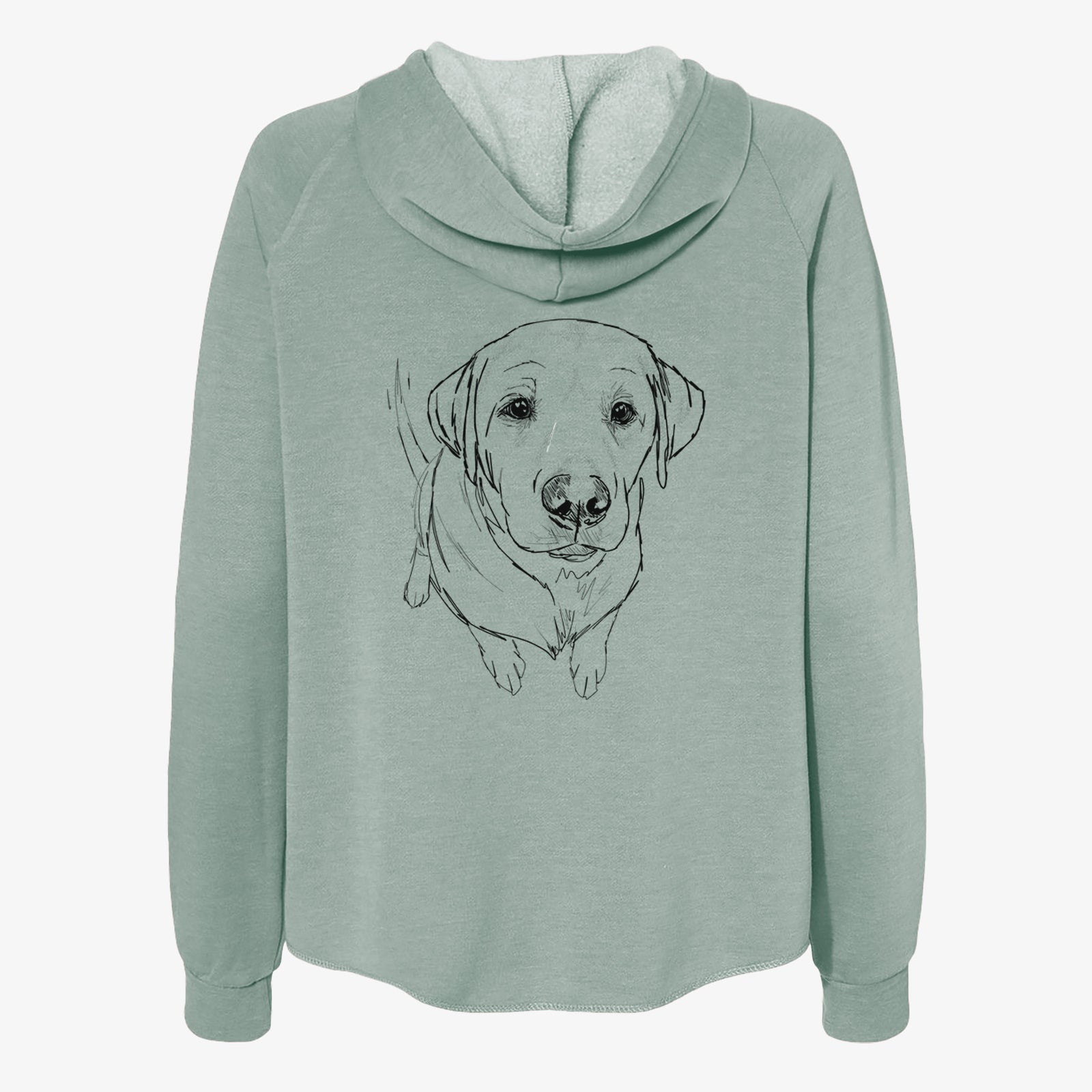 Full-body line drawing of Rizzo the Labrador Retriever on a Sage Women's cali wave zip-up sweatshirt