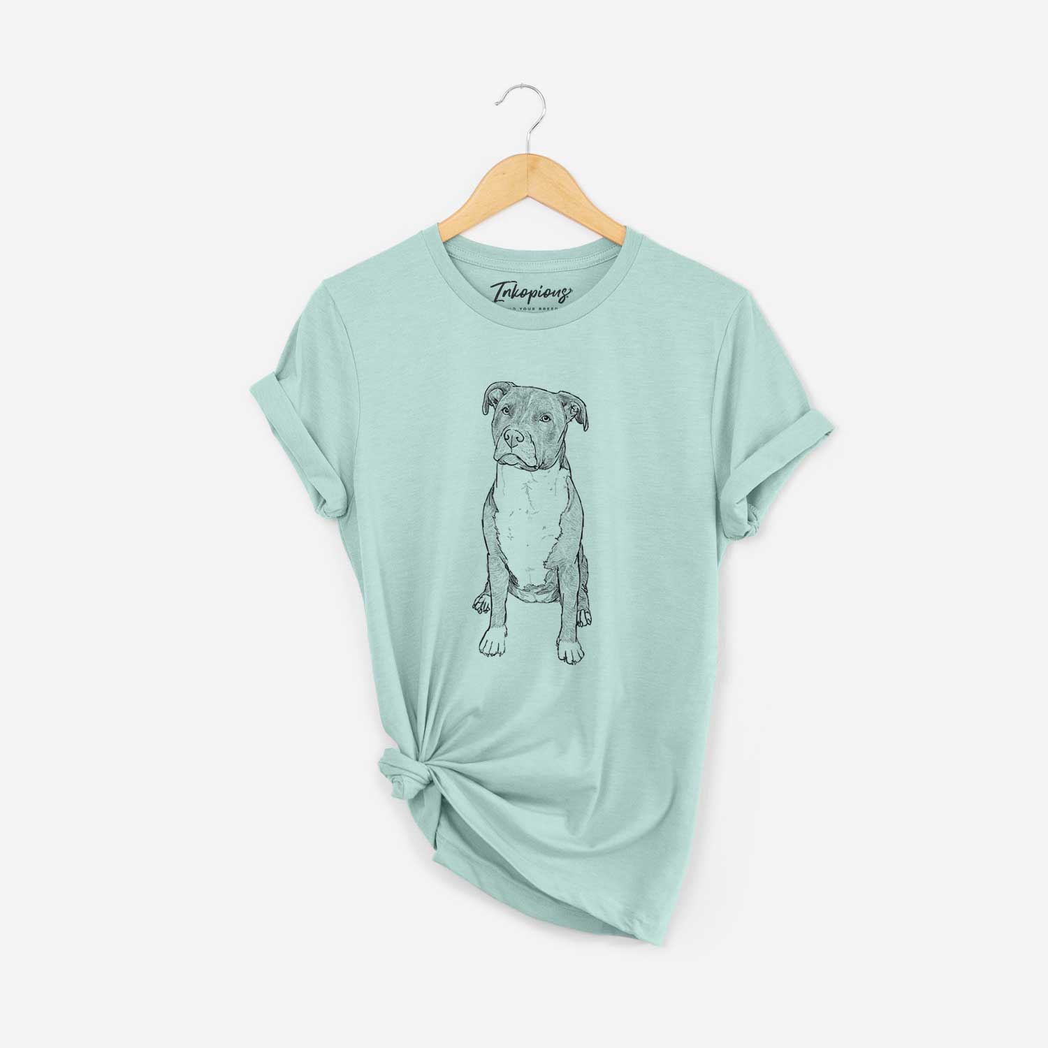Full-body line drawing of Sealy the Pitbull on a Heather Sage Unisex crewneck