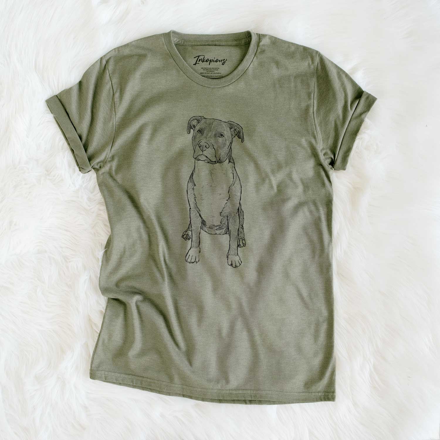 Full-body line drawing of Sealy the Pitbull on an Olive Unisex crewneck