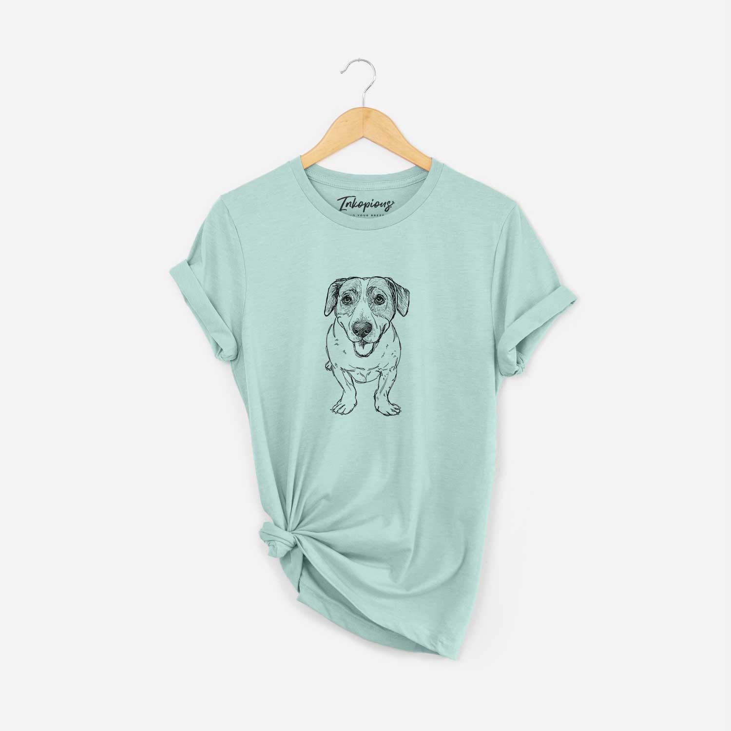Full-body line drawing of Sherlock the Mixed Breed on a Heather Sage Unisex crewneck