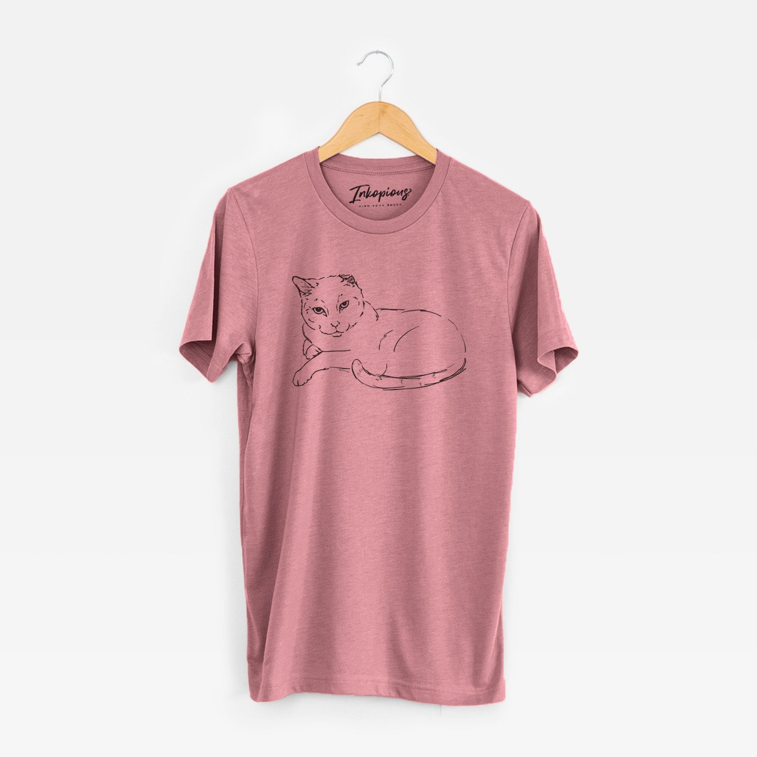 Full-body line drawing of Spenser the Cat on a Mauve Unisex crewneck