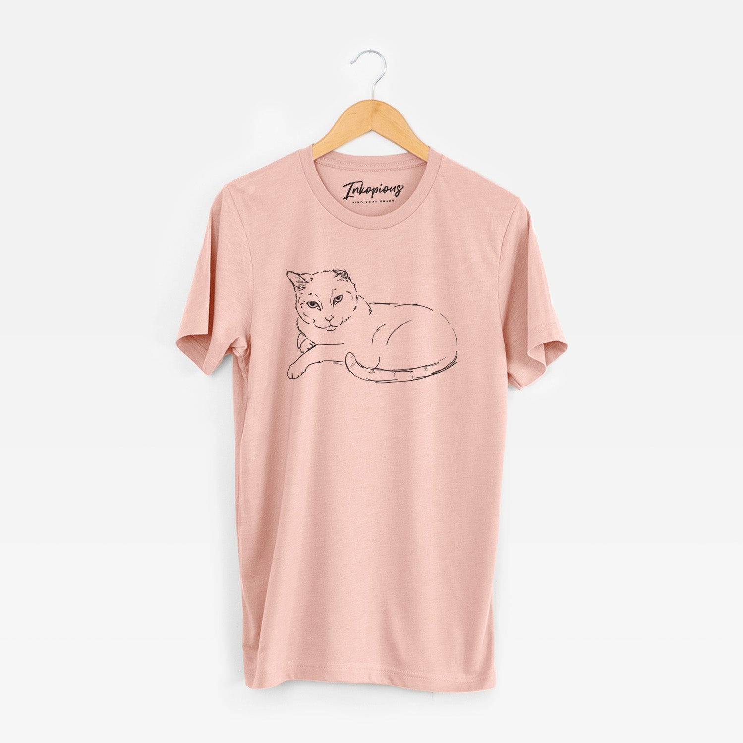 Full-body line drawing of Spenser the Cat on a Peach Unisex crewneck