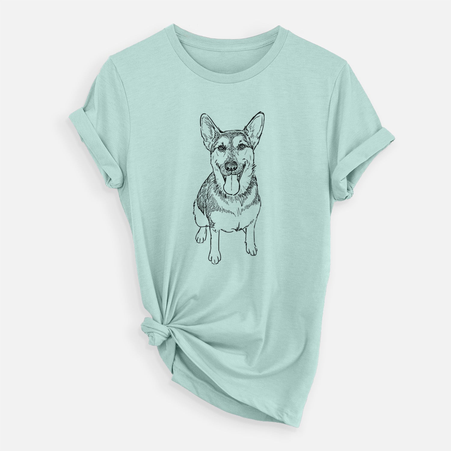 Full-body line drawing of Syrinx the German Shepherd on a Heather Sage Unisex crewneck