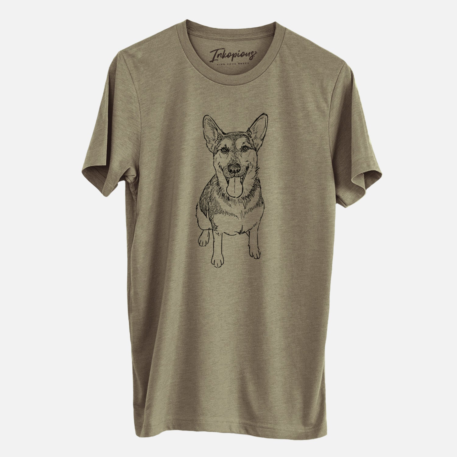 Full-body line drawing of Syrinx the German Shepherd on an Olive Unisex crewneck